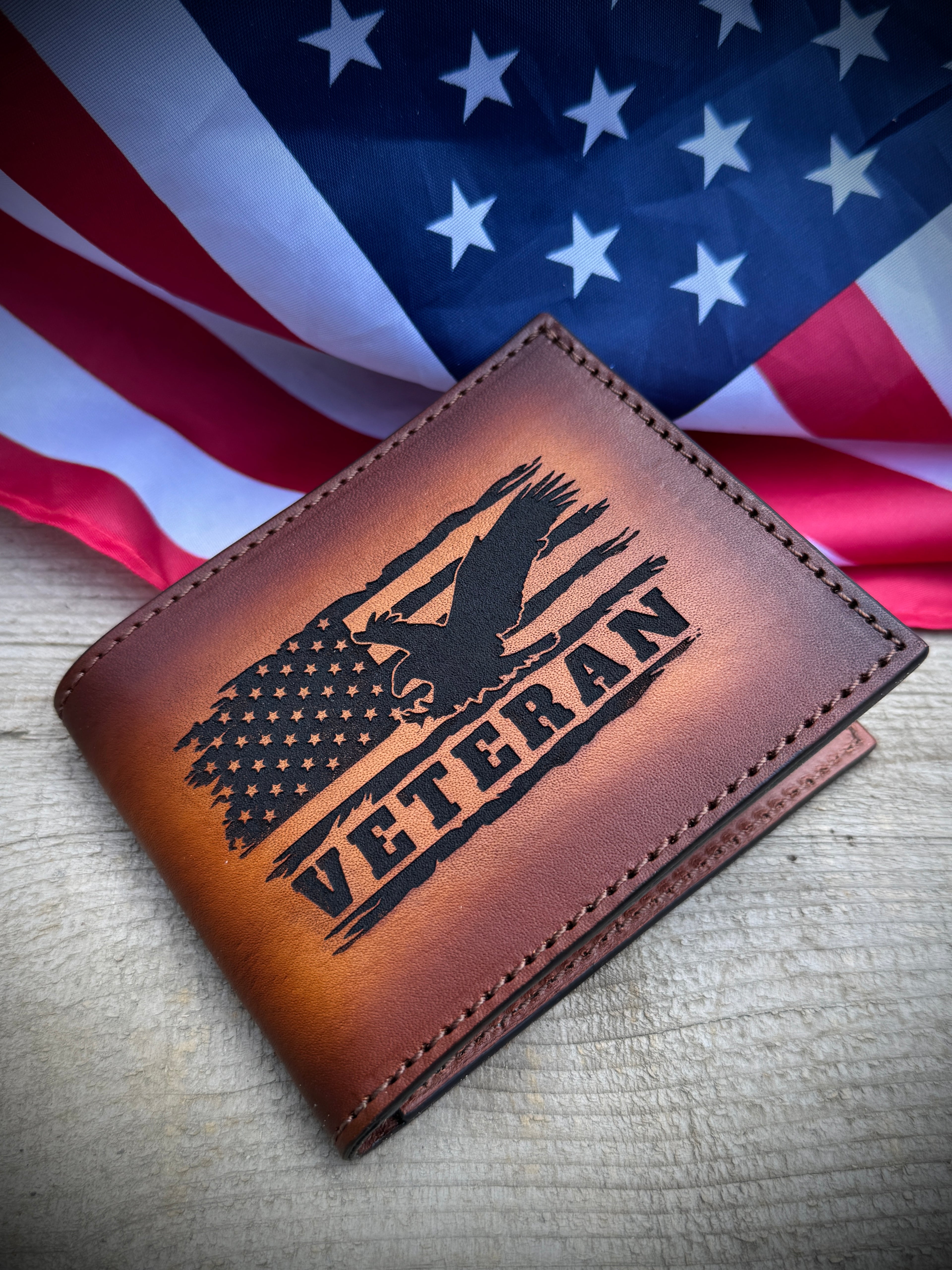 American Veteran Pride Bifold - Engraved leather premium leather wallet / Made in USA