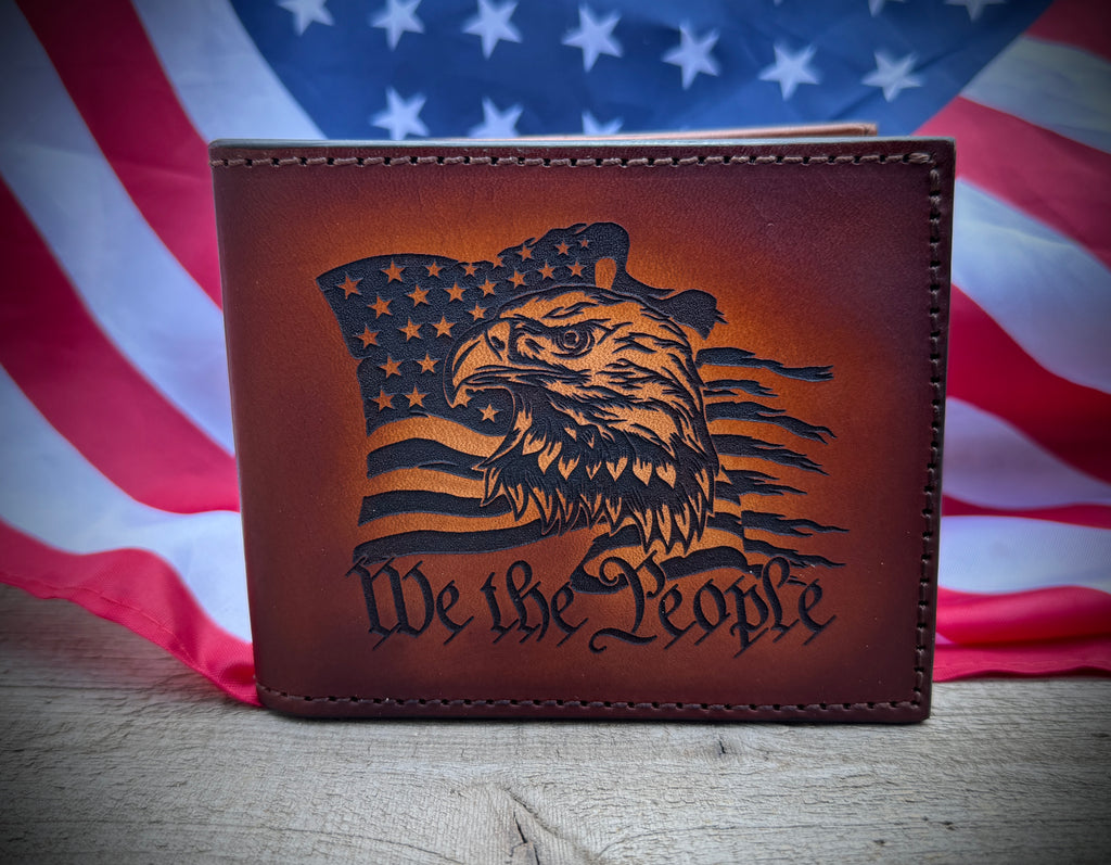 We The People Patriot Bifold - Premium Engraved Leather Wallet with Eagle and Flag Motif - Made in USA
