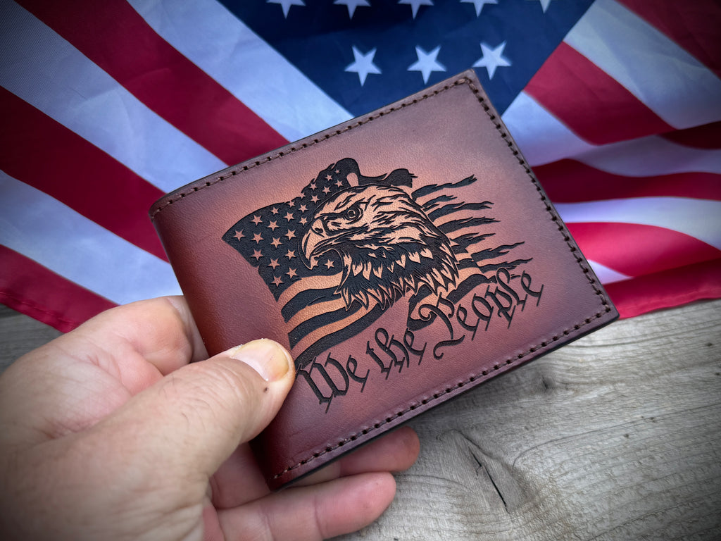 We The People Patriot Bifold - Premium Engraved Leather Wallet with Eagle and Flag Motif - Made in USA