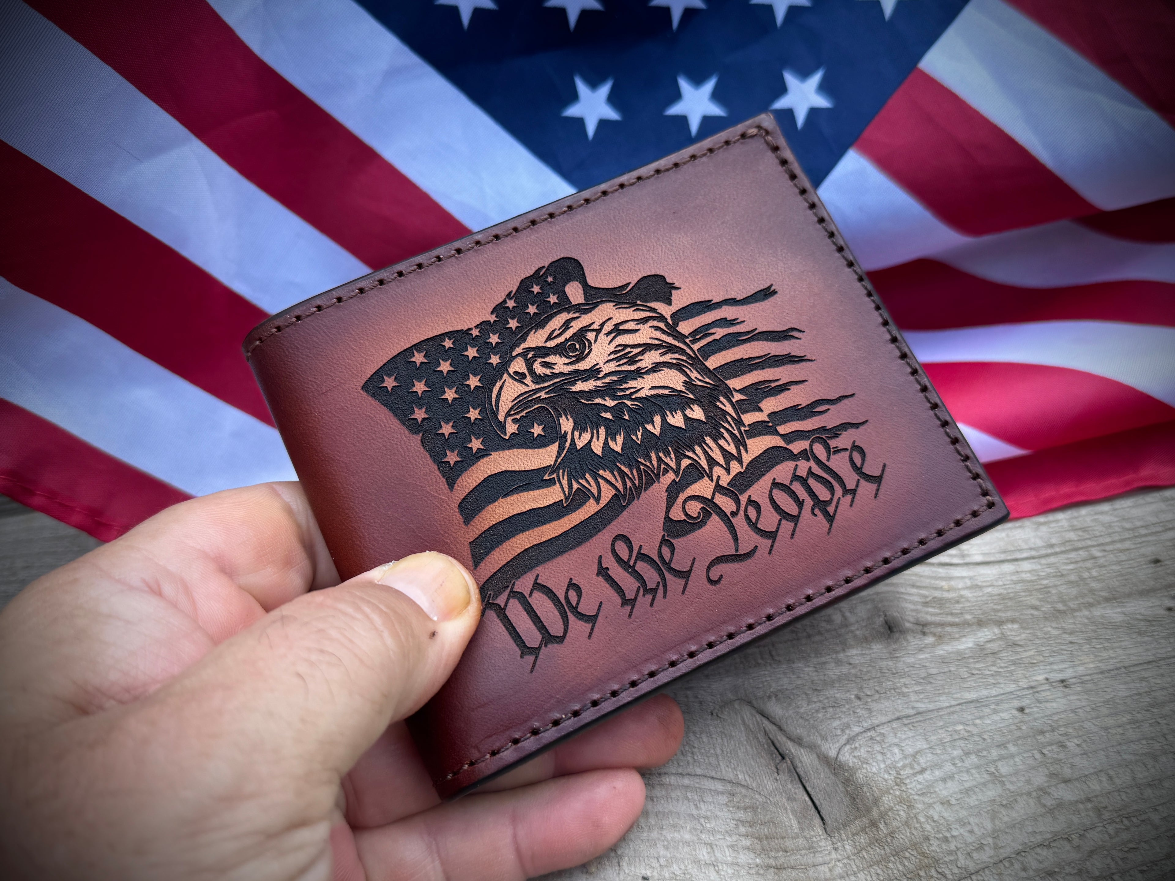 We The People Patriot Bifold - Premium Engraved Leather Wallet with Eagle and Flag Motif - Made in USA
