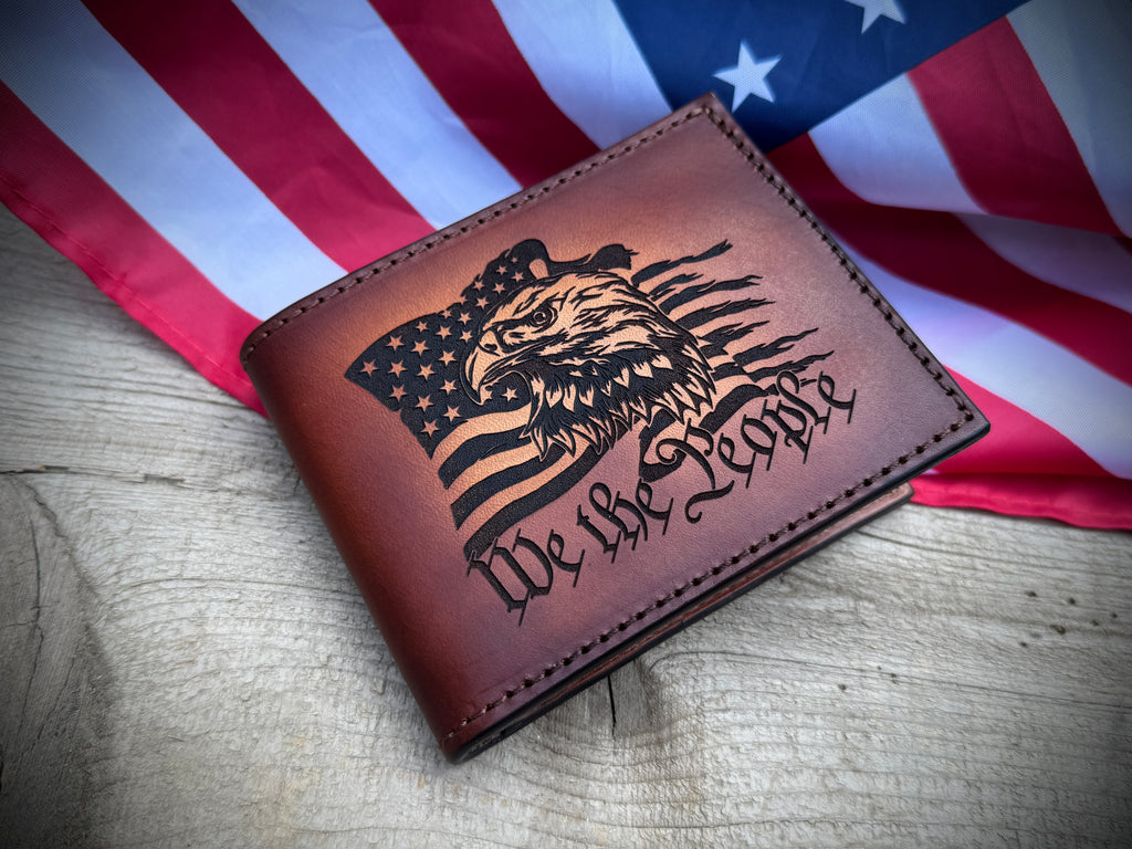 We The People Patriot Bifold - Premium Engraved Leather Wallet with Eagle and Flag Motif - Made in USA