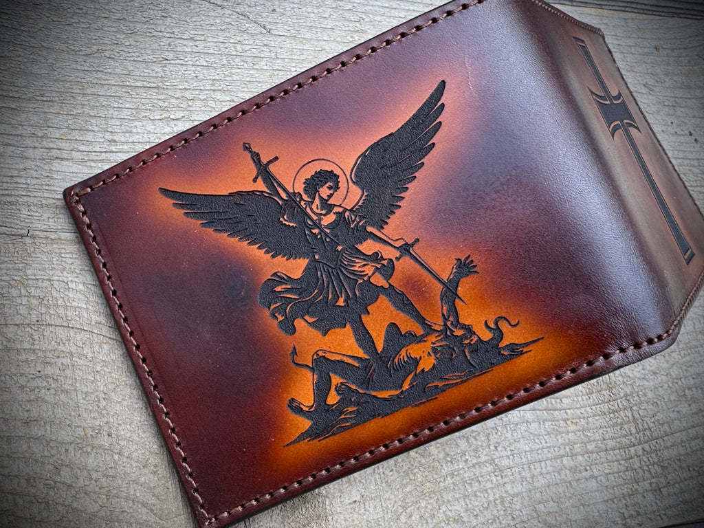 Spiritual Warrior Wallet - Engraved Christian cross and Archangel Michael design Premium Bifold