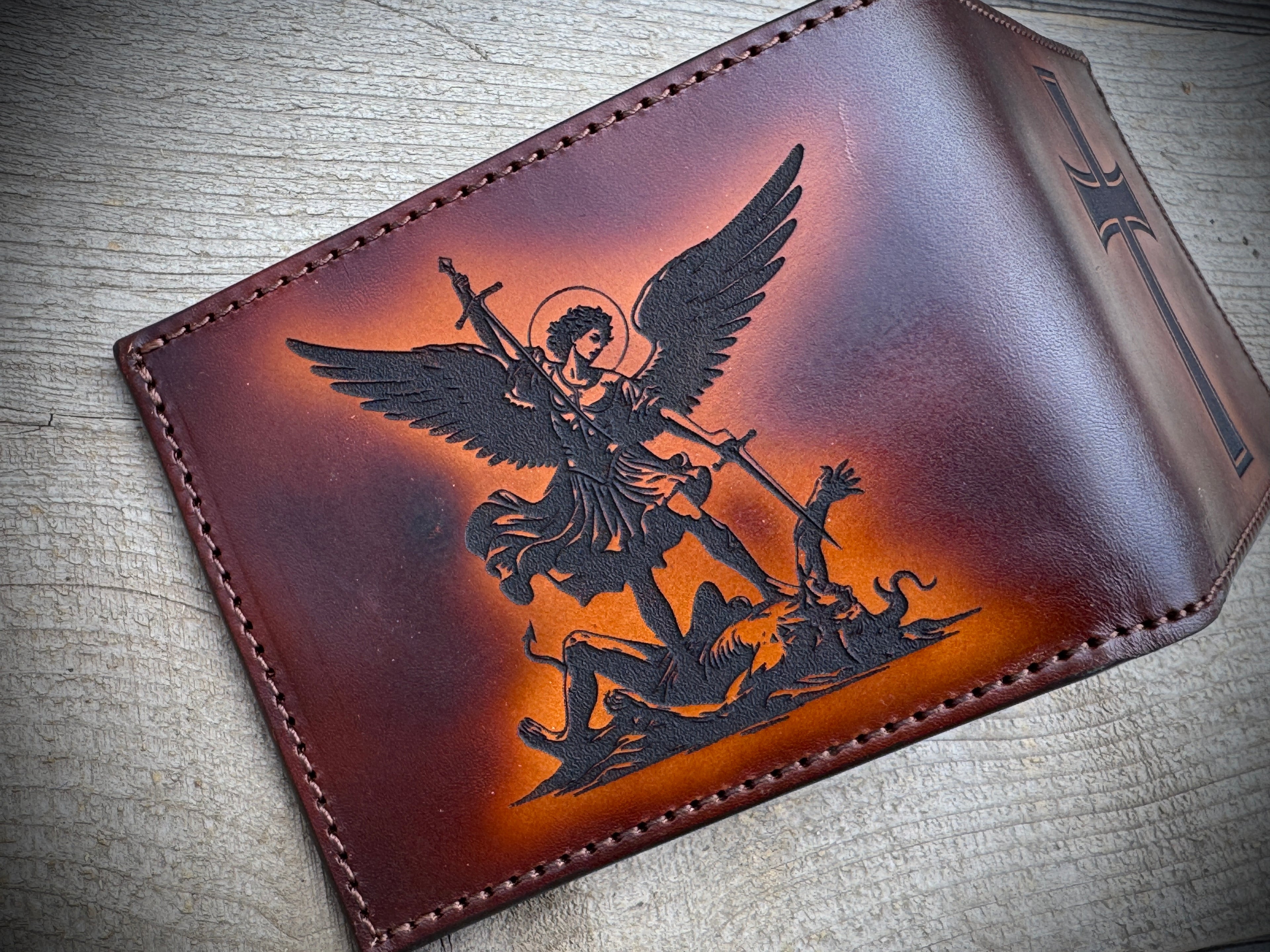 Spiritual Warrior Wallet - Engraved Christian cross and Archangel Michael design Premium Bifold