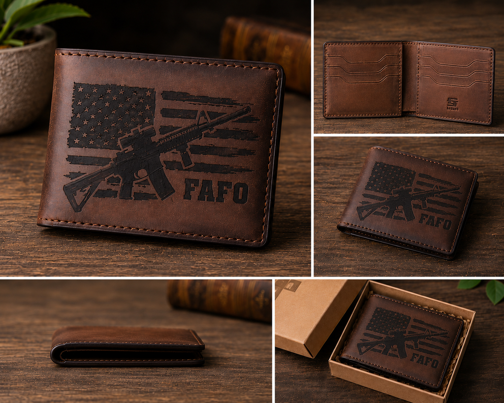 American Flag Rifle Laser Engraved Leather Bifold Wallet