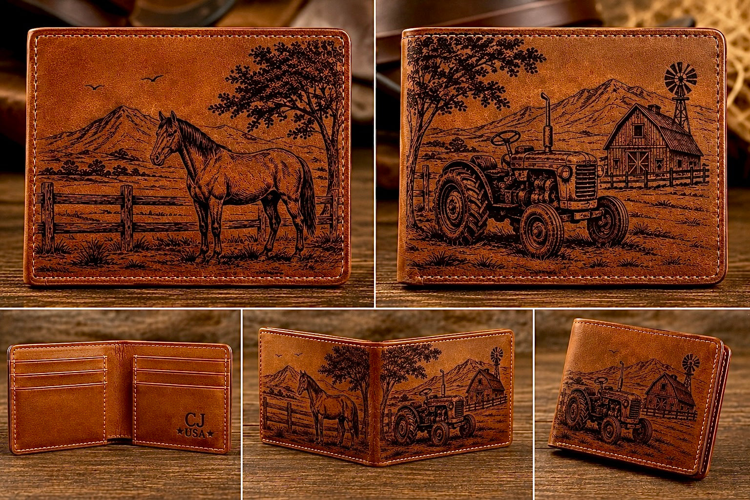 Farm & Ranch Heritage Laser Engraved Leather Bifold Wallet -Made in the USA