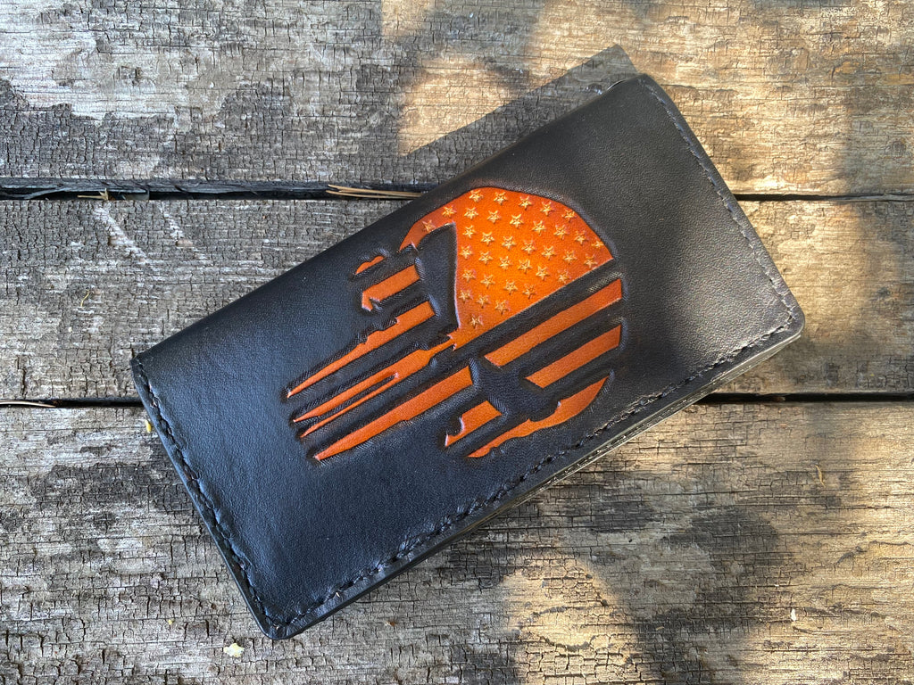 Punisher Skull Biker Wallet - Tooled Flag Silhouette on Top Grade Leather - Handmade is the USA