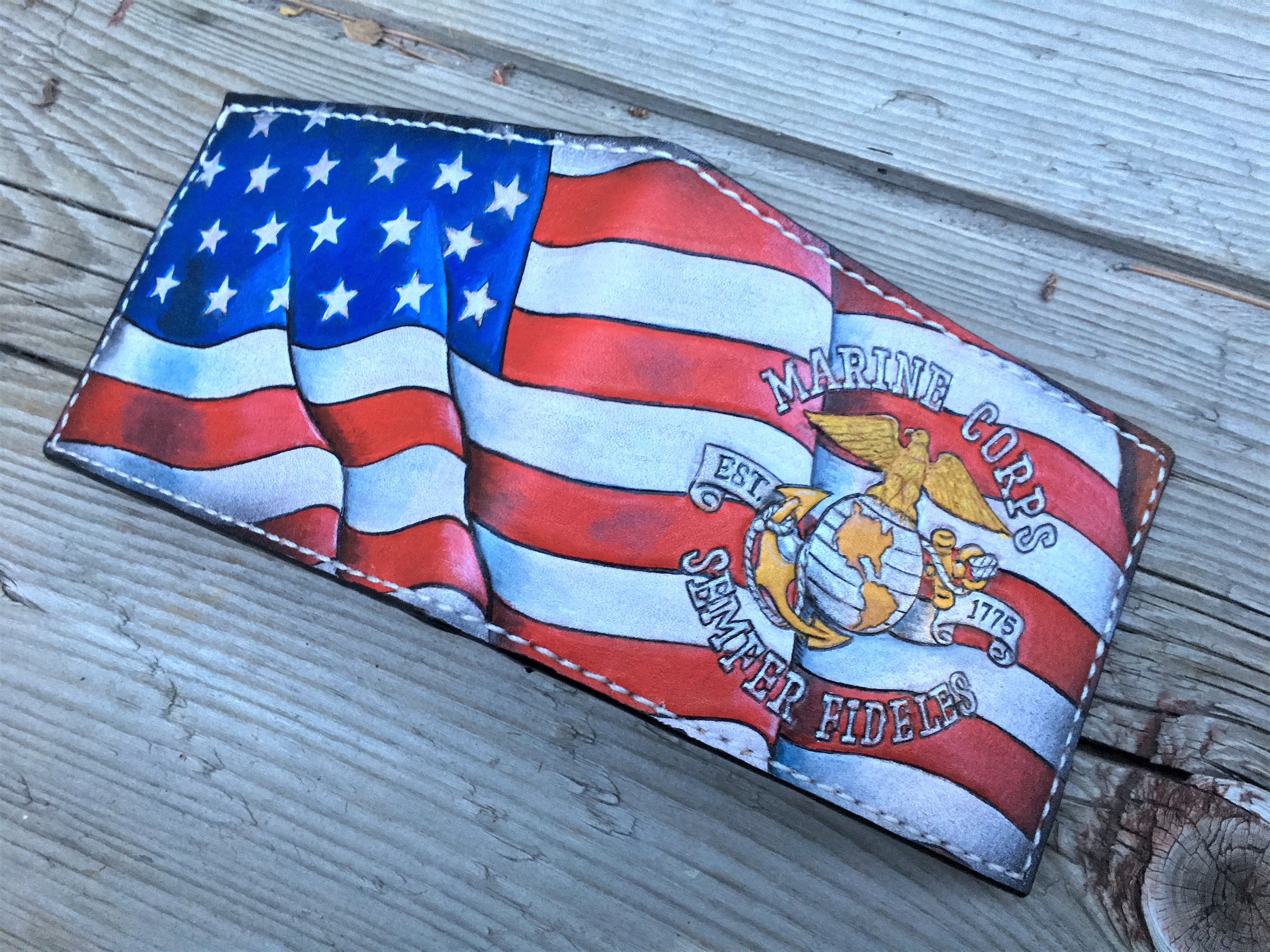 Military Branch Bifold Wallet - Wavy Hand tooled American Flag Background - Made in USA