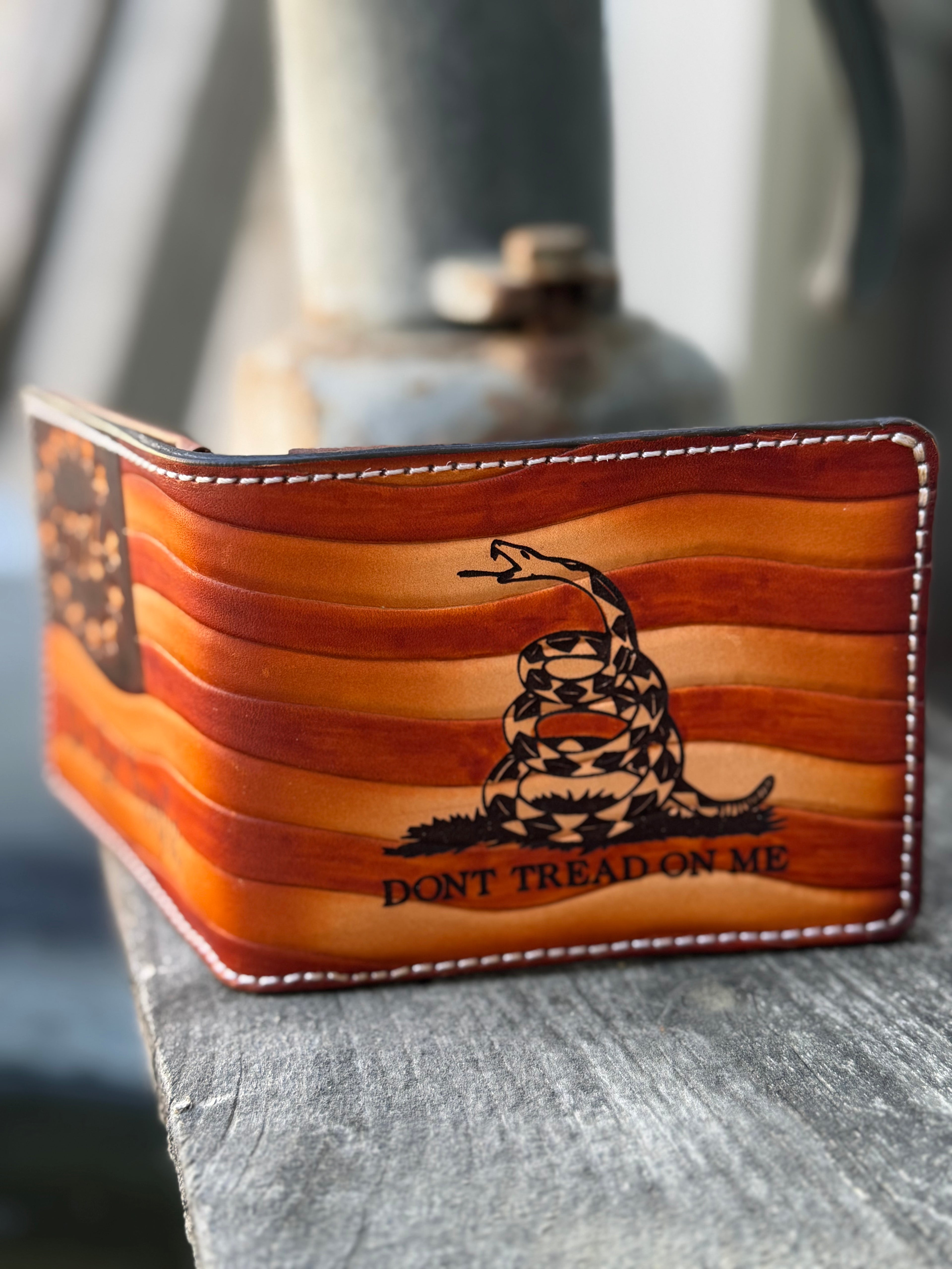 Patriot Gear - Don't Tread on Me / We The People / Betsy Ross Flag Hand Tooled and Engraved Handmade Bifold Wallet
