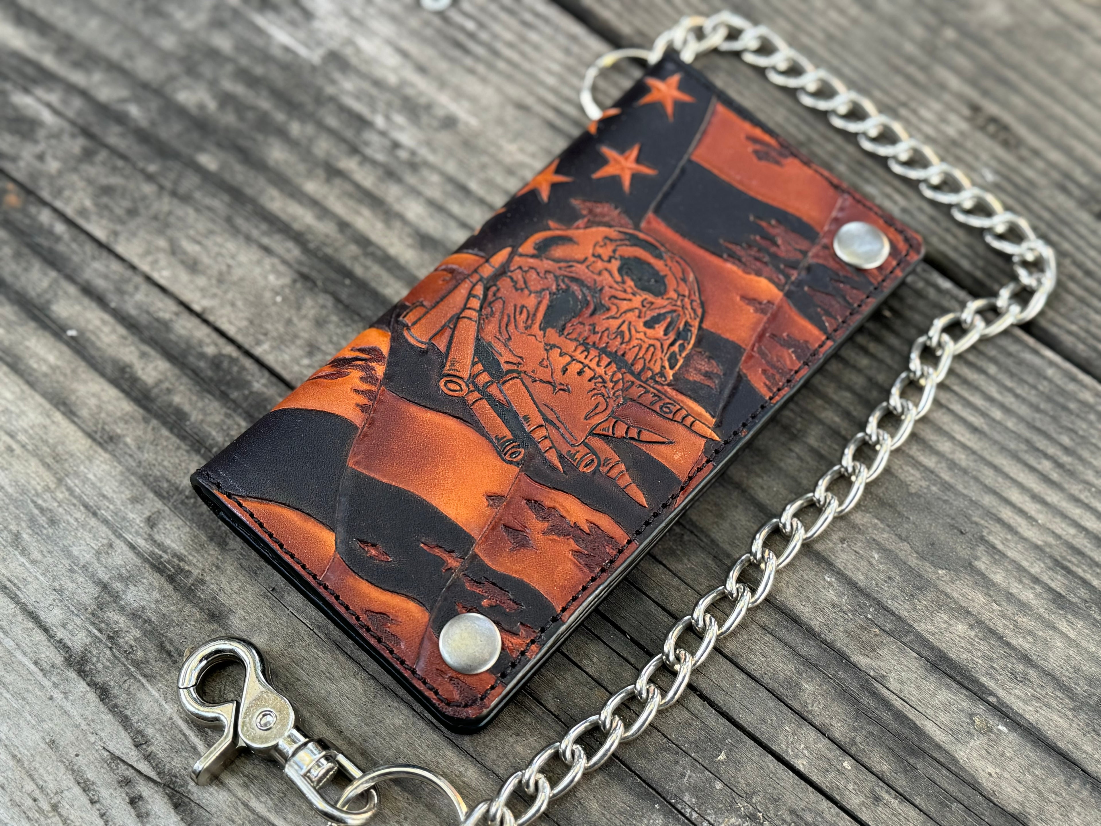 OIF - STARS / STRIPES / SKULL & BULLETS Themed custom tooled leather biker wallet