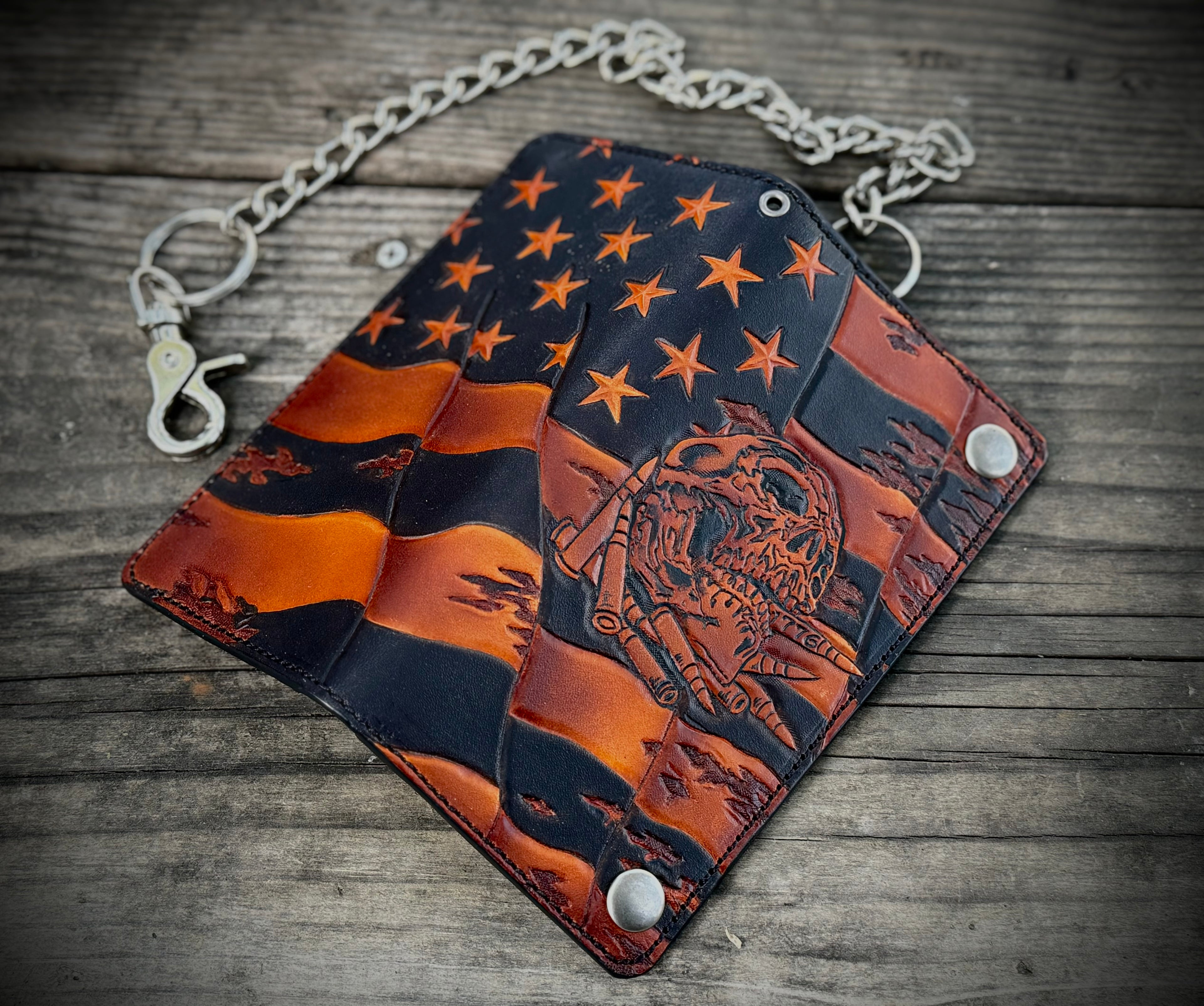 OIF - STARS / STRIPES / SKULL & BULLETS Themed custom tooled leather biker wallet