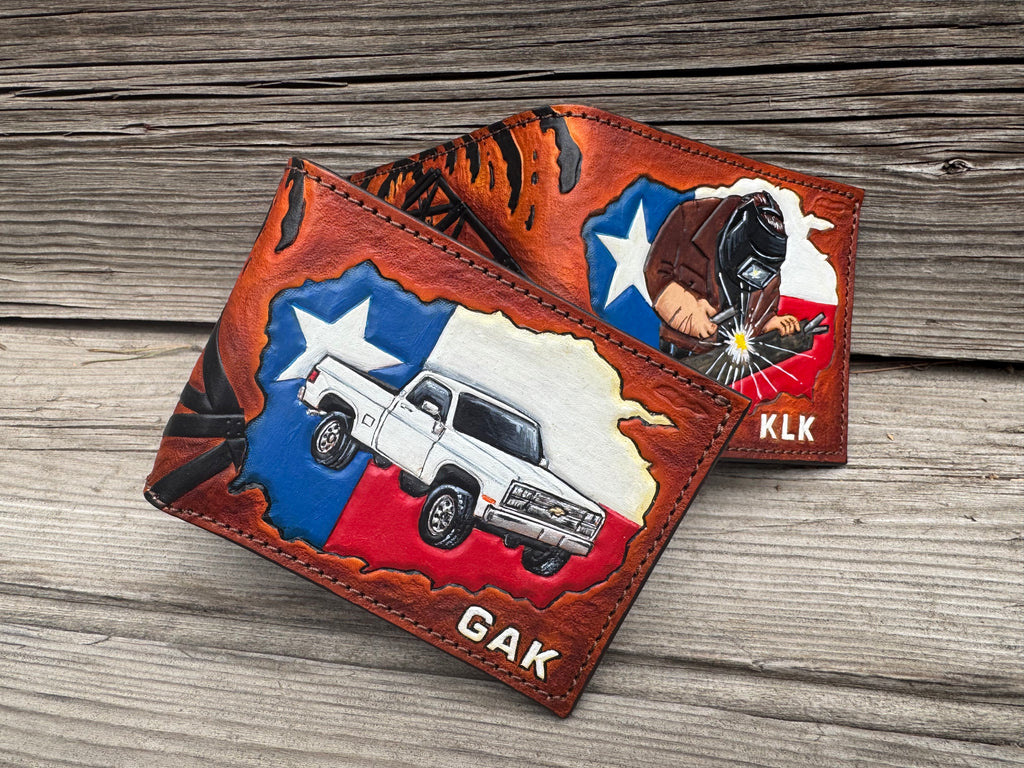 Texas Oil Rig Welder Custom Tooled Bifold Wallet Design - Made in USA