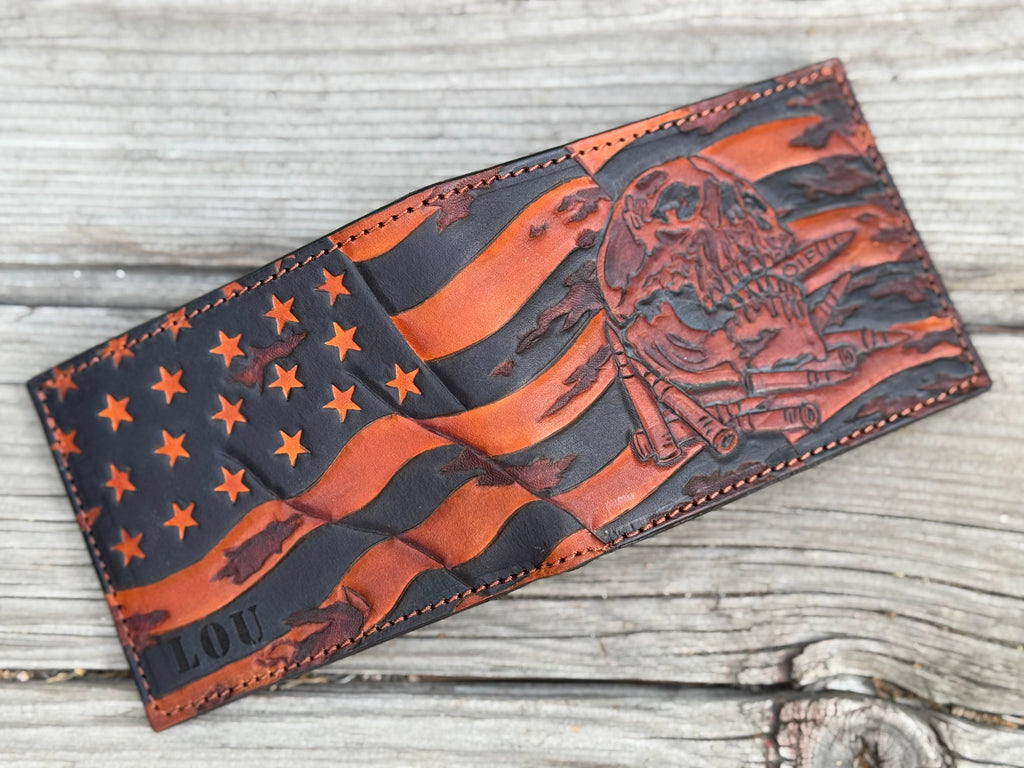 OIF - Skull Flag and Bullets Design Hand Carved Bifold Wallet - Made in USA