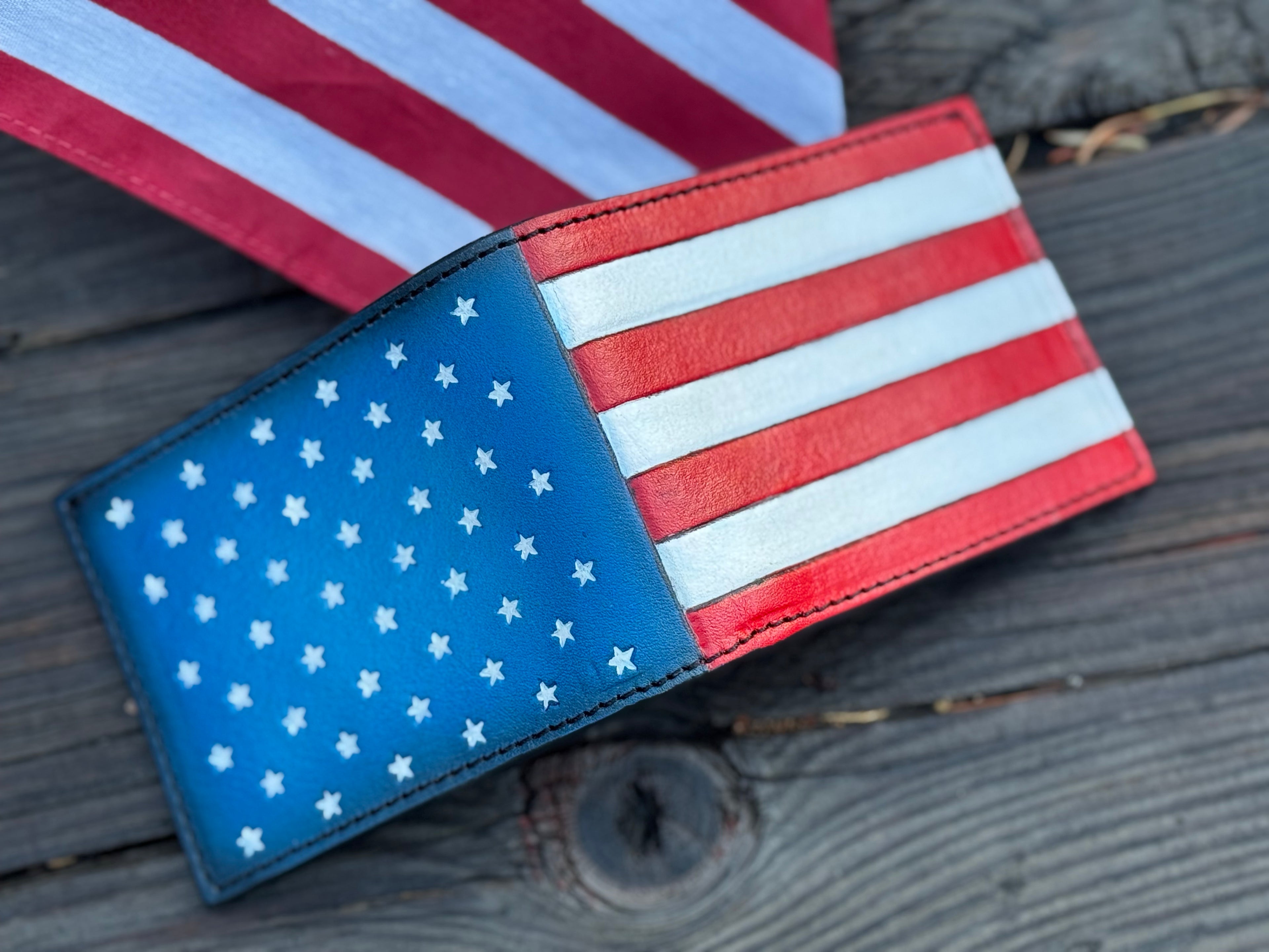 Old Glory Bifold - American Flag Themed Hand Tooled and Colored Wallet - Made in USA