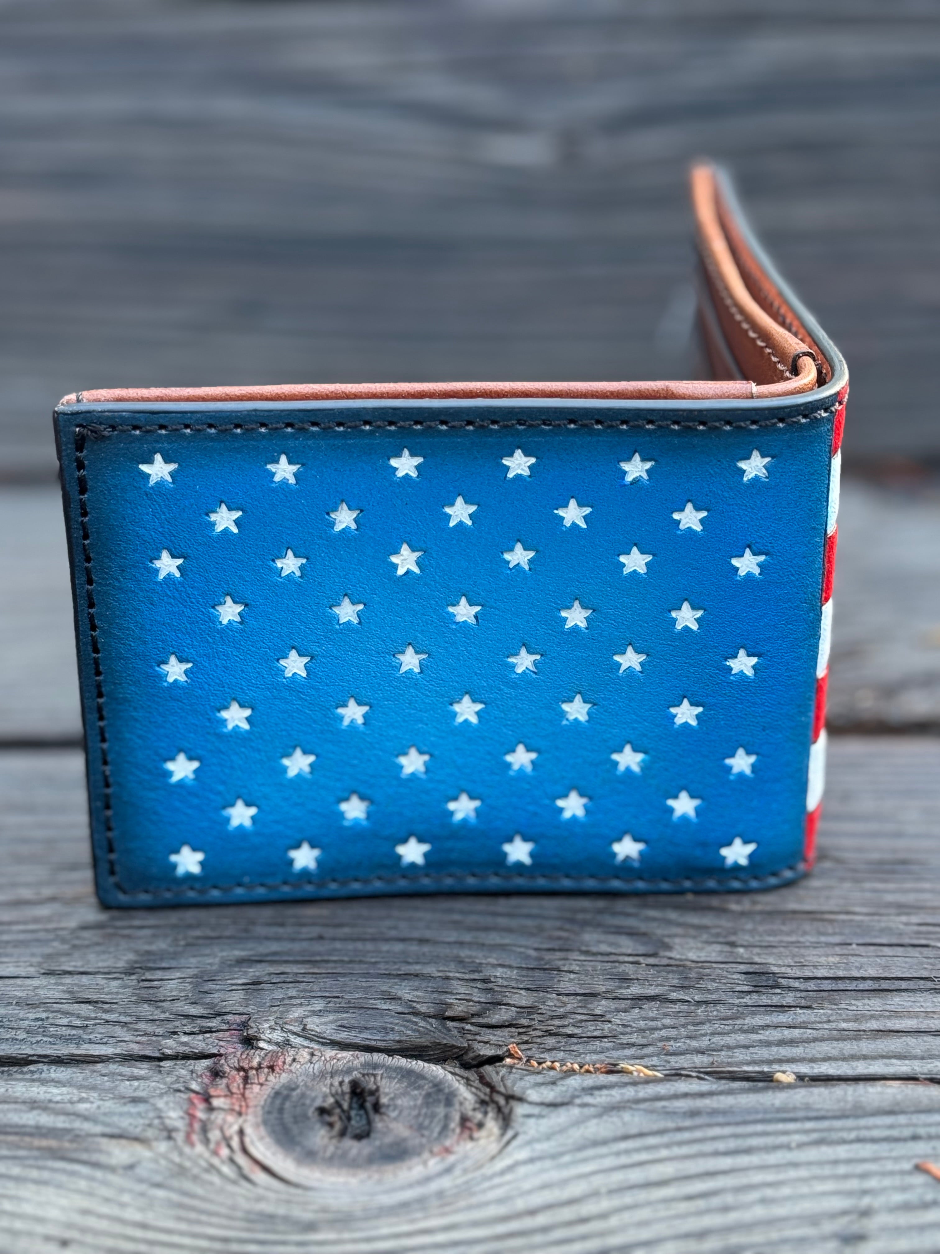 Old Glory Bifold - American Flag Themed Hand Tooled and Colored Wallet - Made in USA
