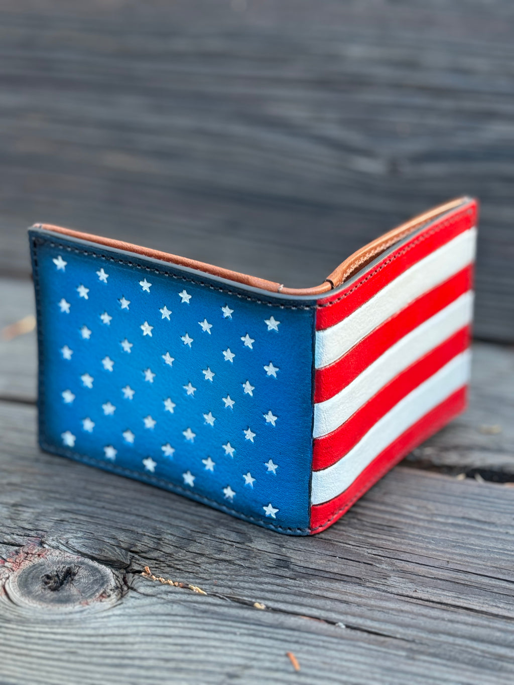 Old Glory Bifold - American Flag Themed Hand Tooled and Colored Wallet - Made in USA