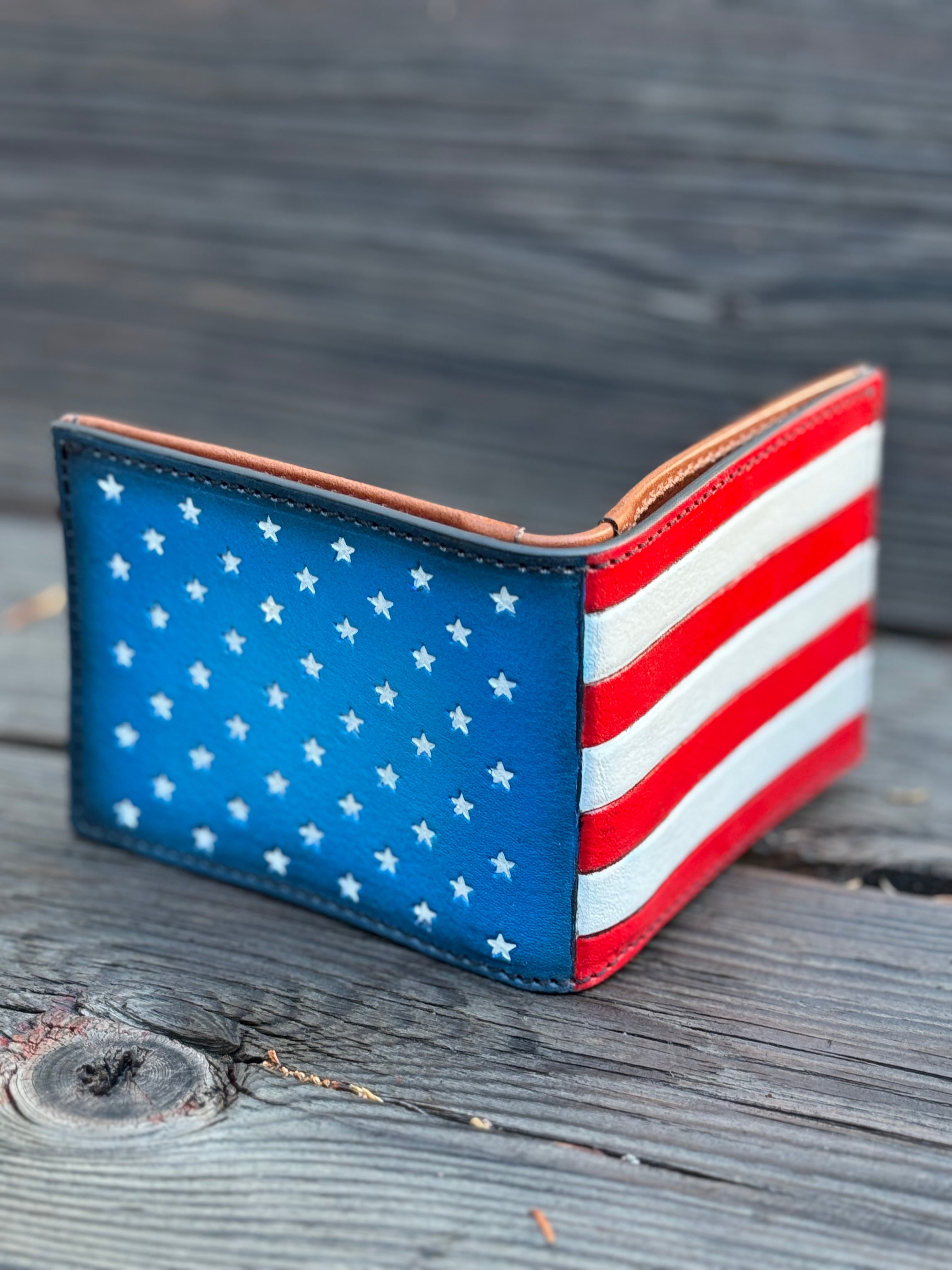 Old Glory Bifold - American Flag Themed Hand Tooled and Colored Wallet - Made in USA