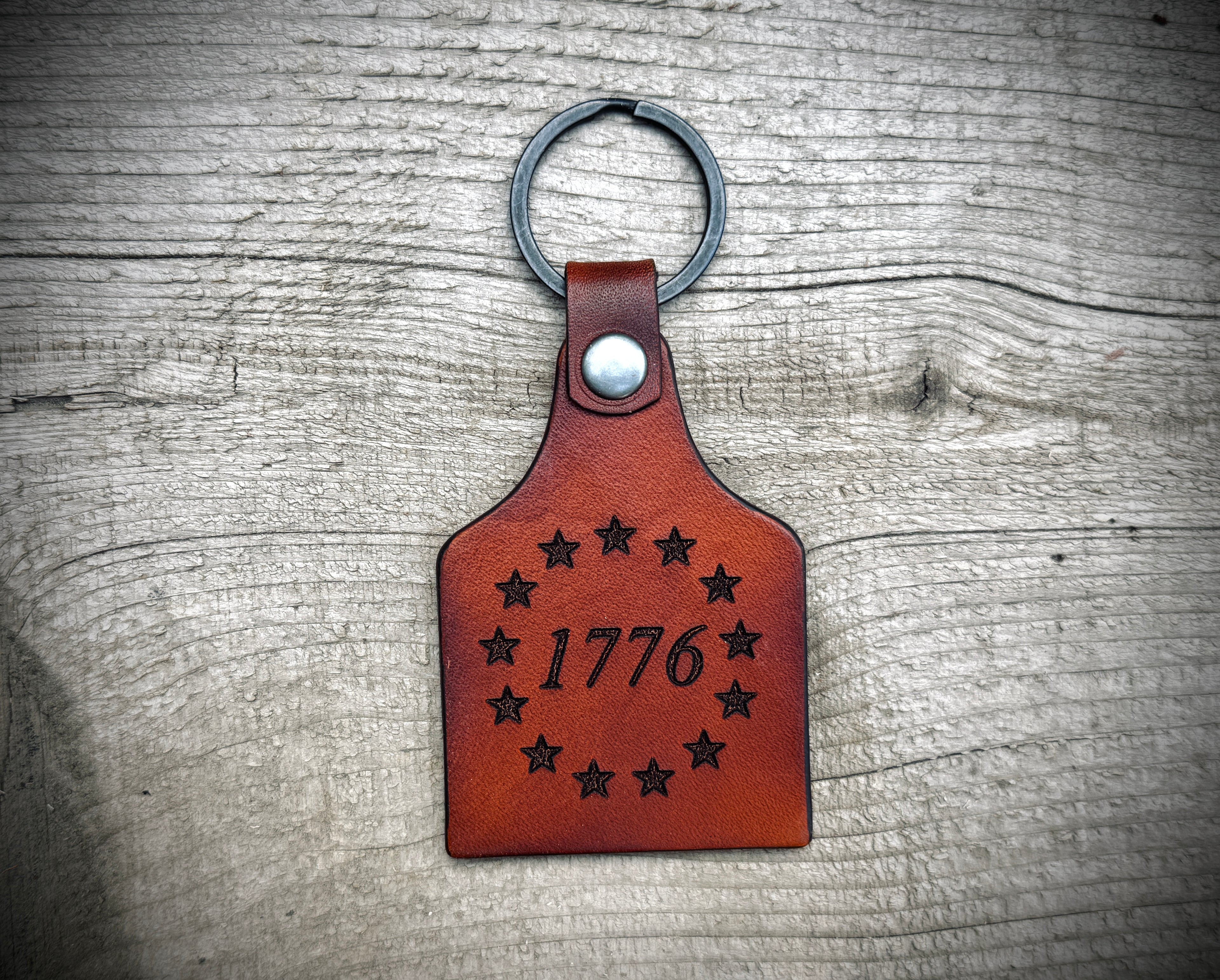 1776 Betsy Ross / American Flag Double Sided Leather Ket Ring Cow Tag Fob