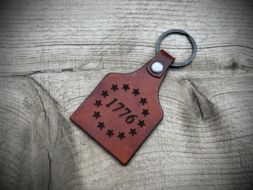 1776 Betsy Ross / American Flag Double Sided Leather Ket Ring Cow Tag Fob