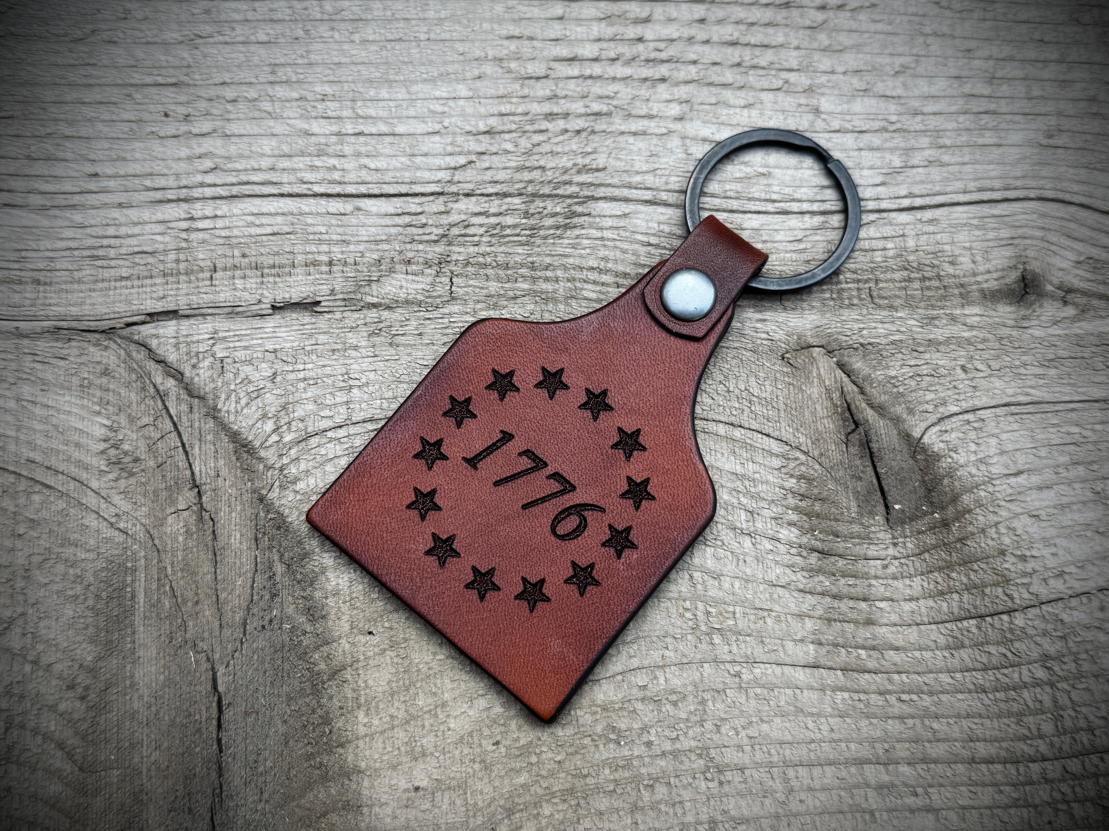 1776 Betsy Ross / American Flag Double Sided Leather Ket Ring Cow Tag Fob