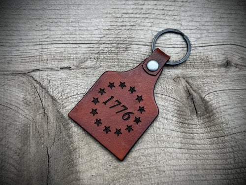 1776 Betsy Ross / American Flag Double Sided Leather Ket Ring Cow Tag Fob