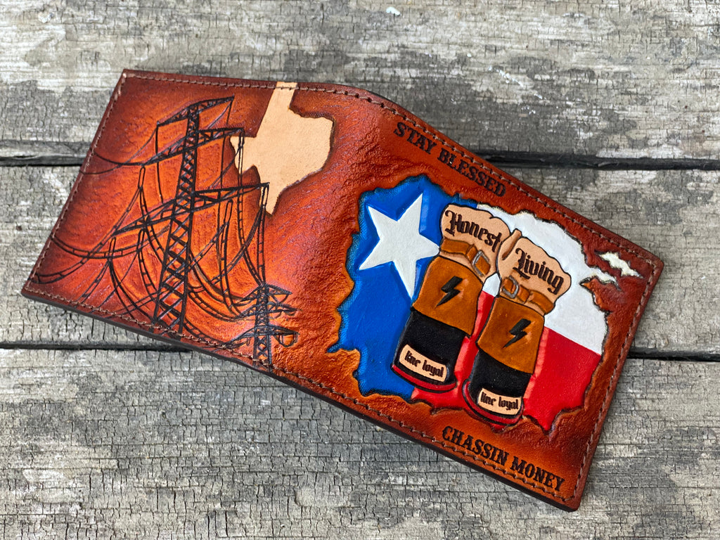 Texas Lineman Wallet - Custom Hand tooled Premium Bifold - Made in USA