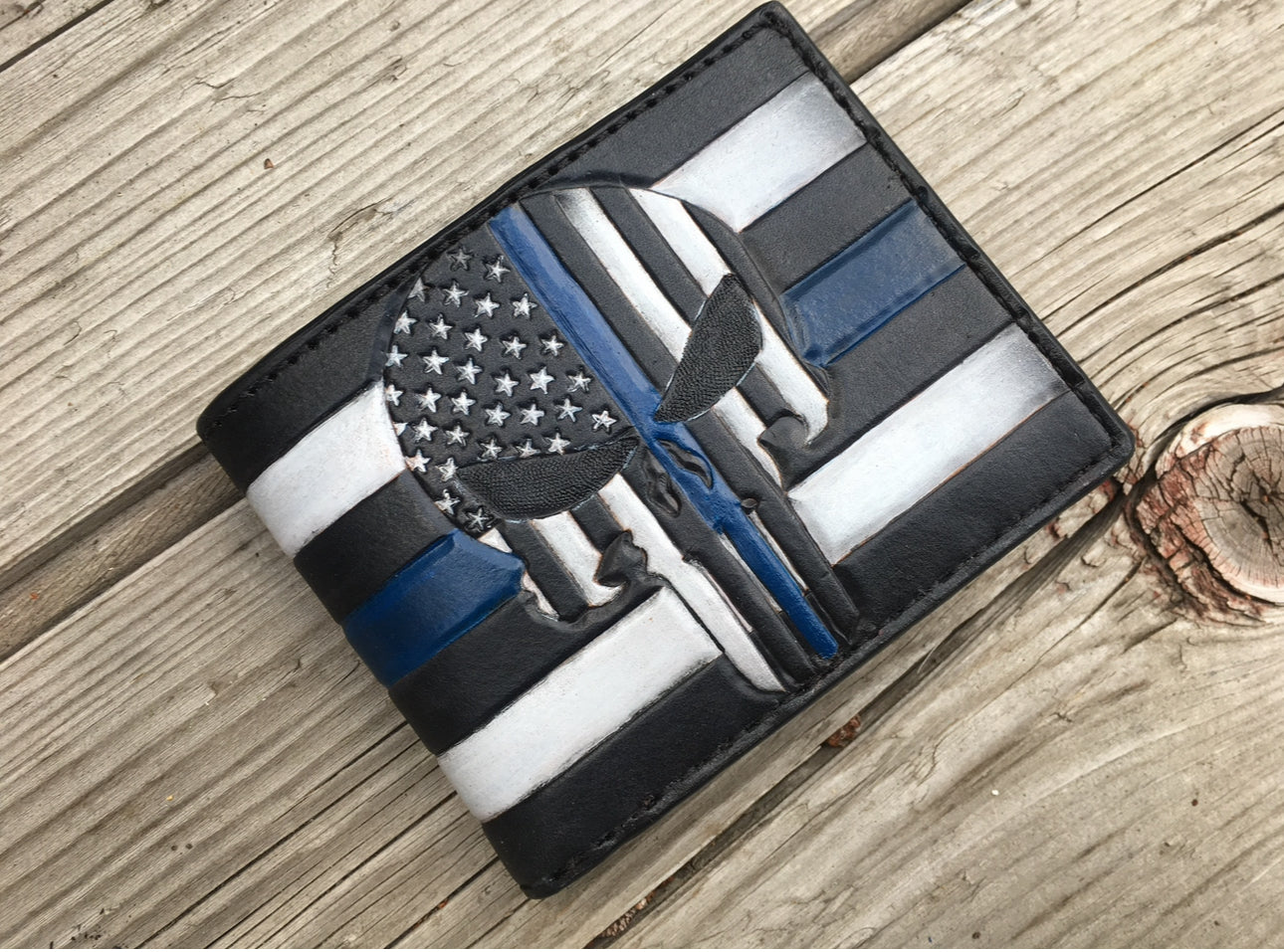 Blue Lives Matter Punisher Bifold / Hand tooled Made in the USA Premium Leather Wallet