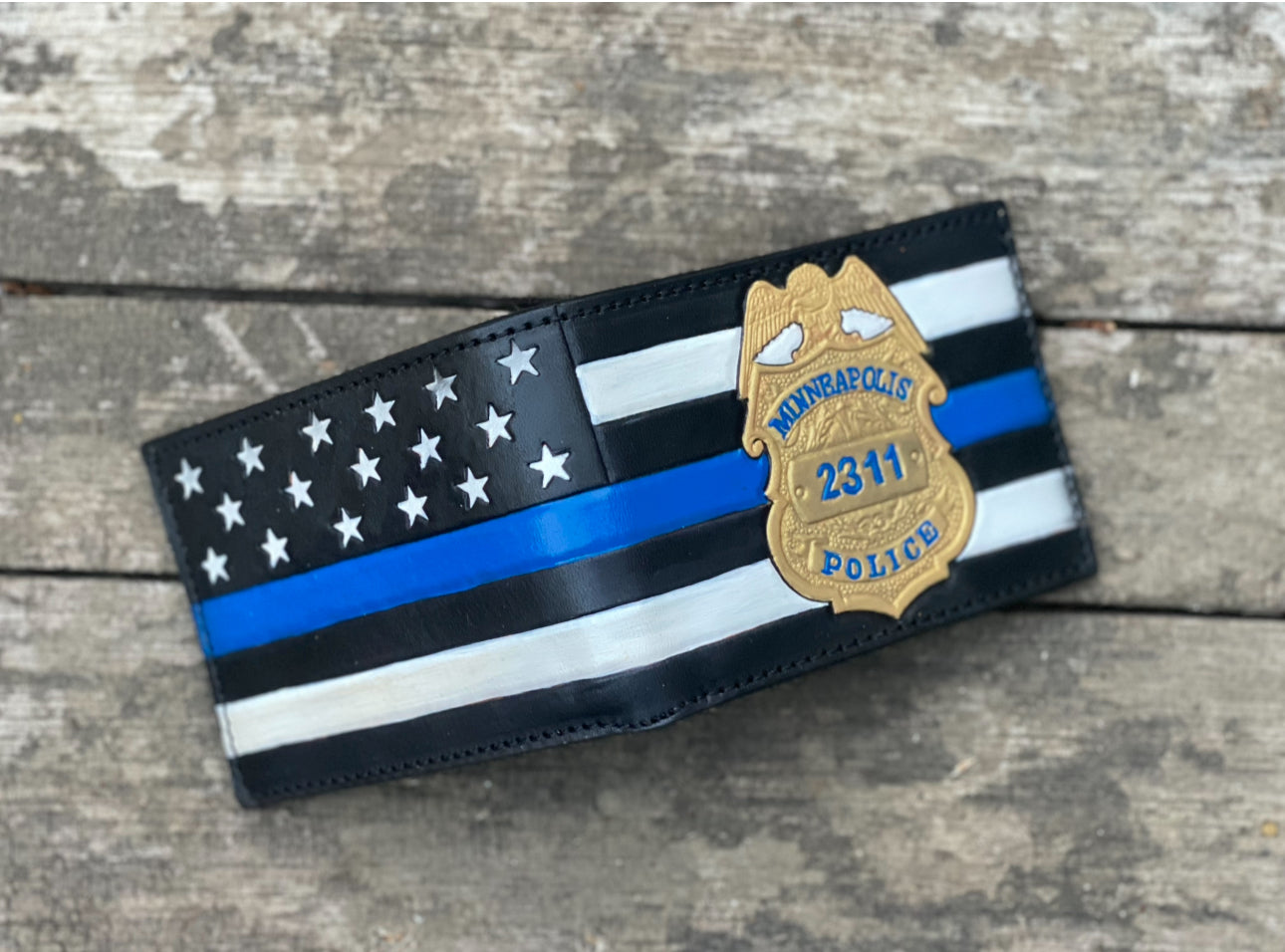 Blue Lives Matter Punisher Bifold / Hand tooled Made in the USA Premium Leather Wallet