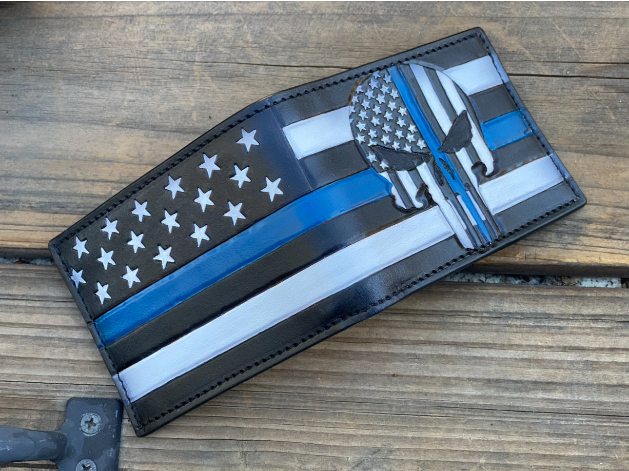 Blue Lives Matter Punisher Bifold / Hand tooled Made in the USA Premium Leather Wallet