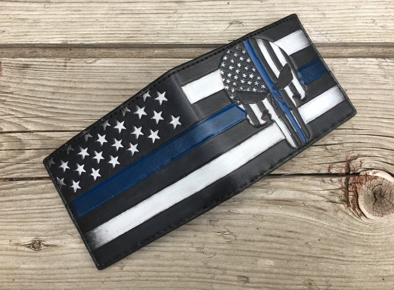 Blue Lives Matter Punisher Bifold / Hand tooled Made in the USA Premium Leather Wallet
