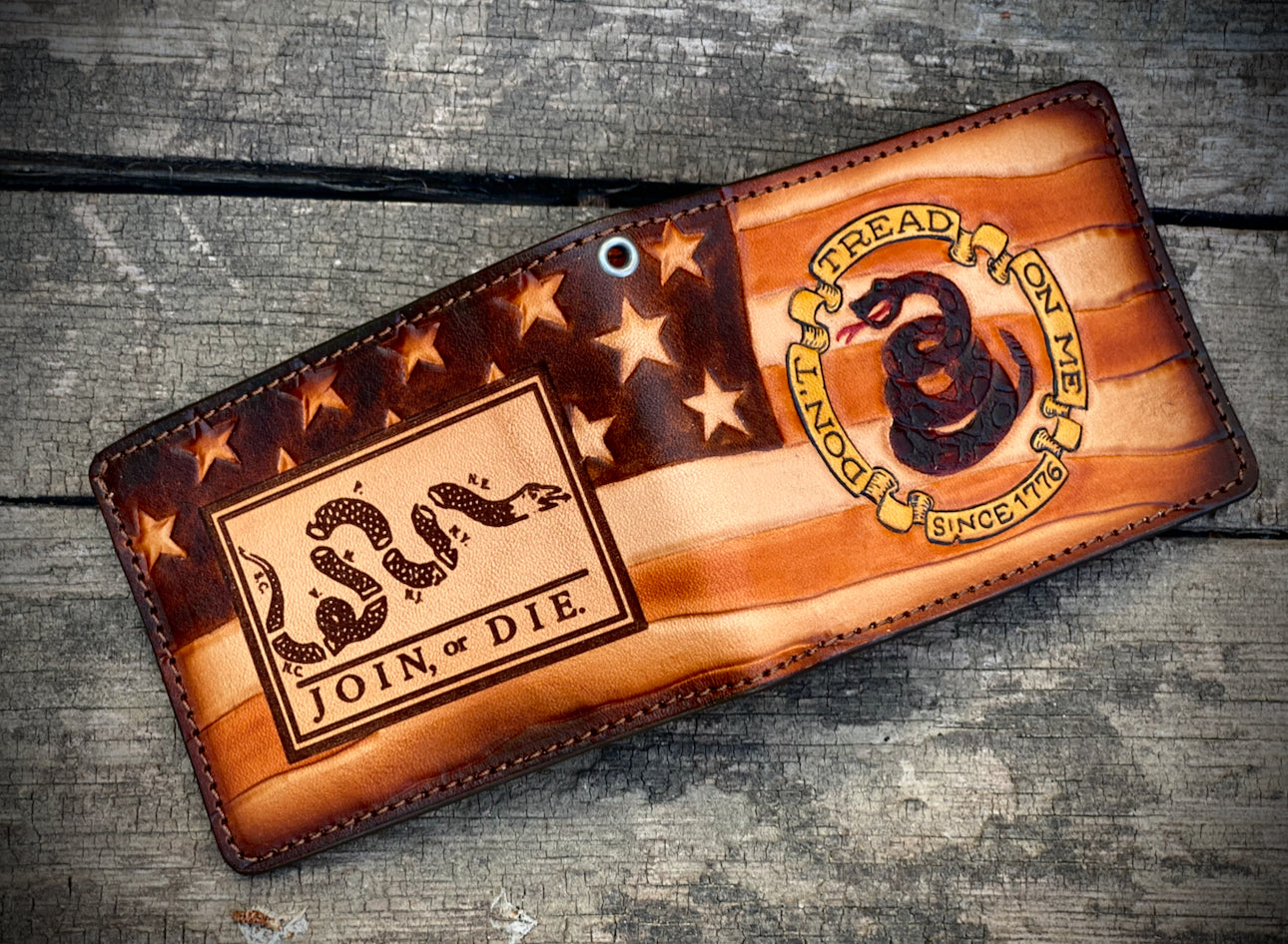 Don't Tread on Me / Join or Die Hand Tooled Custom Bifold Wallet
