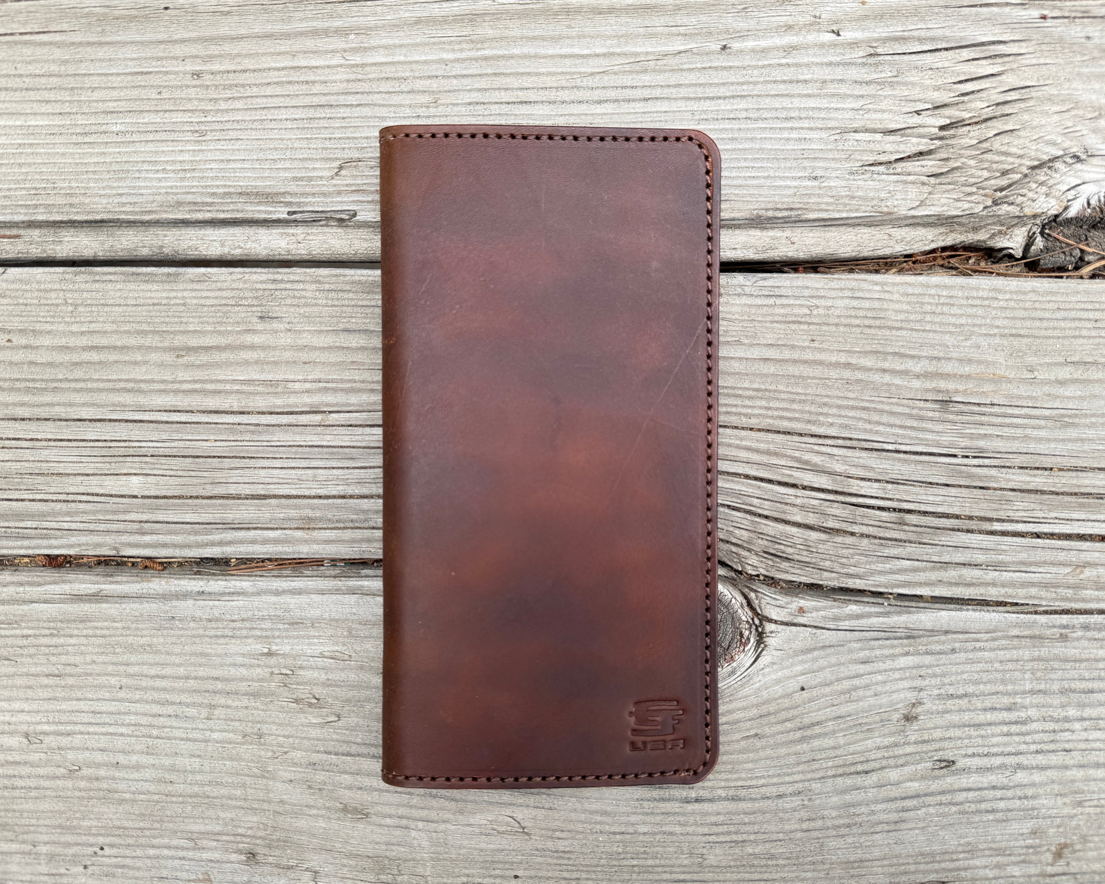 Brown leather wallet on a wooden surface