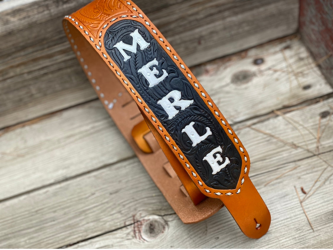 Merle Haggard Style Custom Tooled Western Flare Guitar Strap- Made in the USA