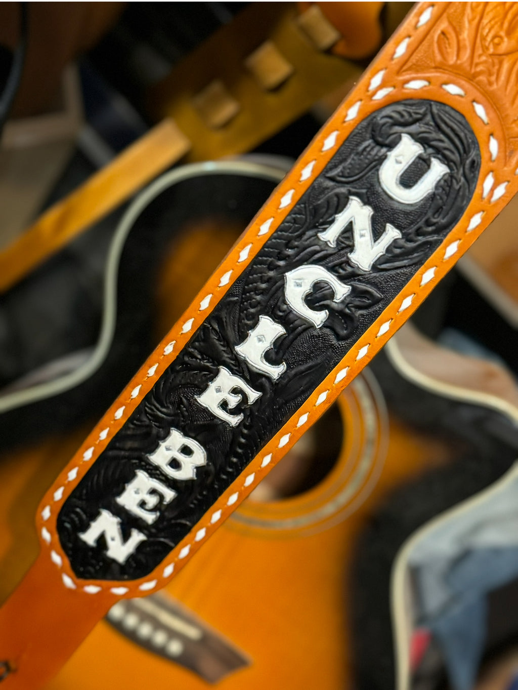 Merle Haggard Style Custom Tooled Western Flare Guitar Strap- Made in the USA