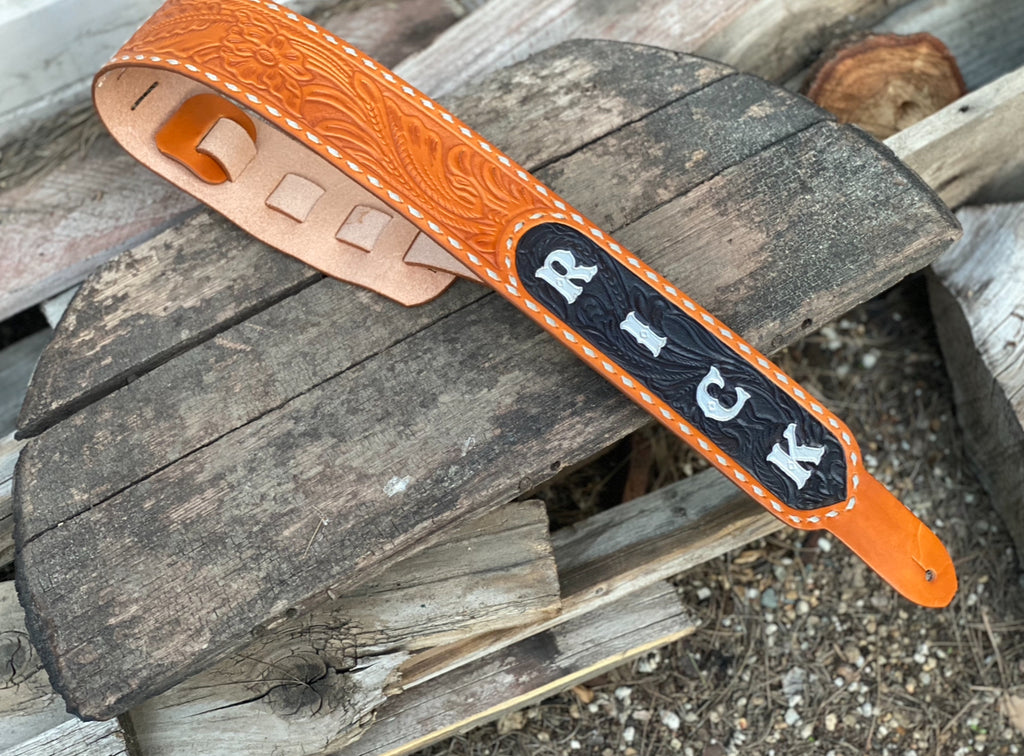 Merle Haggard Style Custom Tooled Western Flare Guitar Strap- Made in the USA