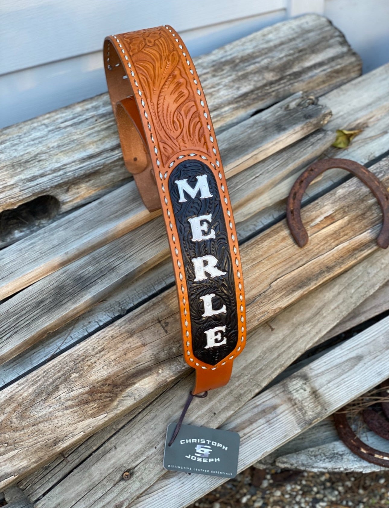 Merle Haggard Style Custom Tooled Western Flare Guitar Strap- Made in the USA