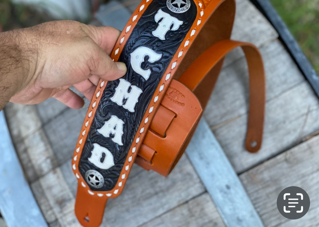 Merle Haggard Style Custom Tooled Western Flare Guitar Strap- Made in the USA