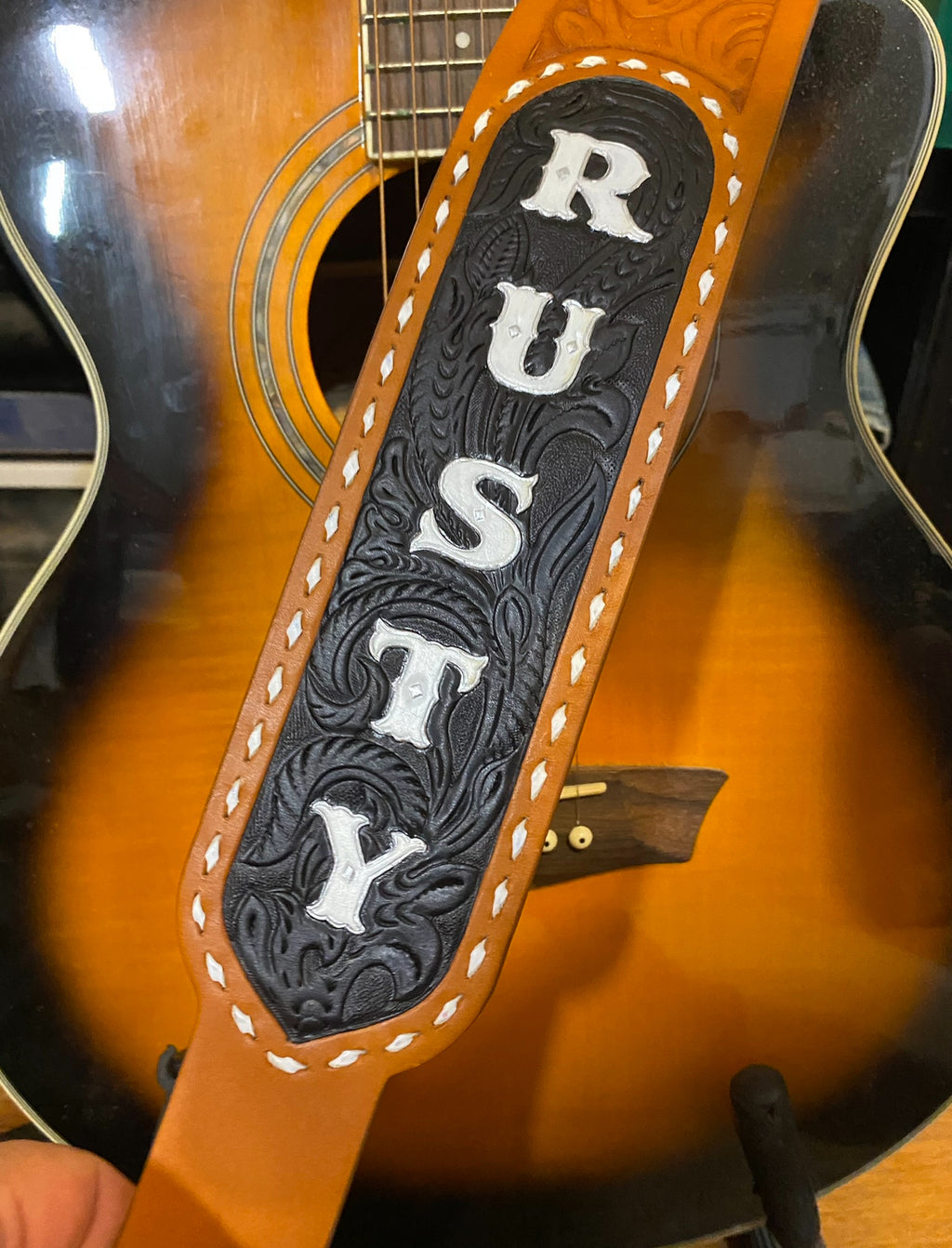 Merle Haggard Style Custom Tooled Western Flare Guitar Strap- Made in the USA