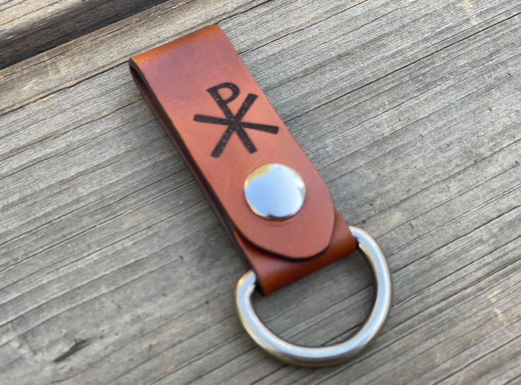 Christian Chi Rho-  Engraved Leather Belt fob for Wallet chain or key Ring