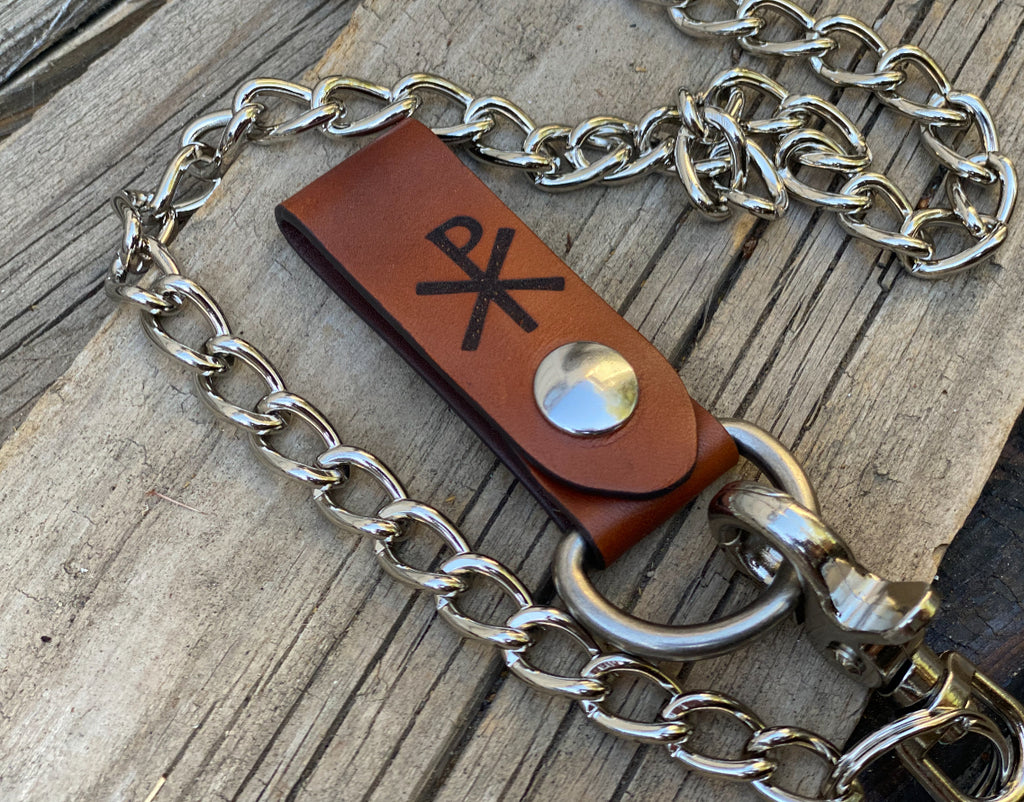 Christian Chi Rho-  Engraved Leather Belt fob for Wallet chain or key Ring