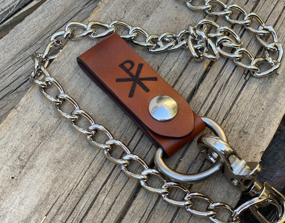 Christian Chi Rho-  Engraved Leather Belt fob for Wallet chain or key Ring