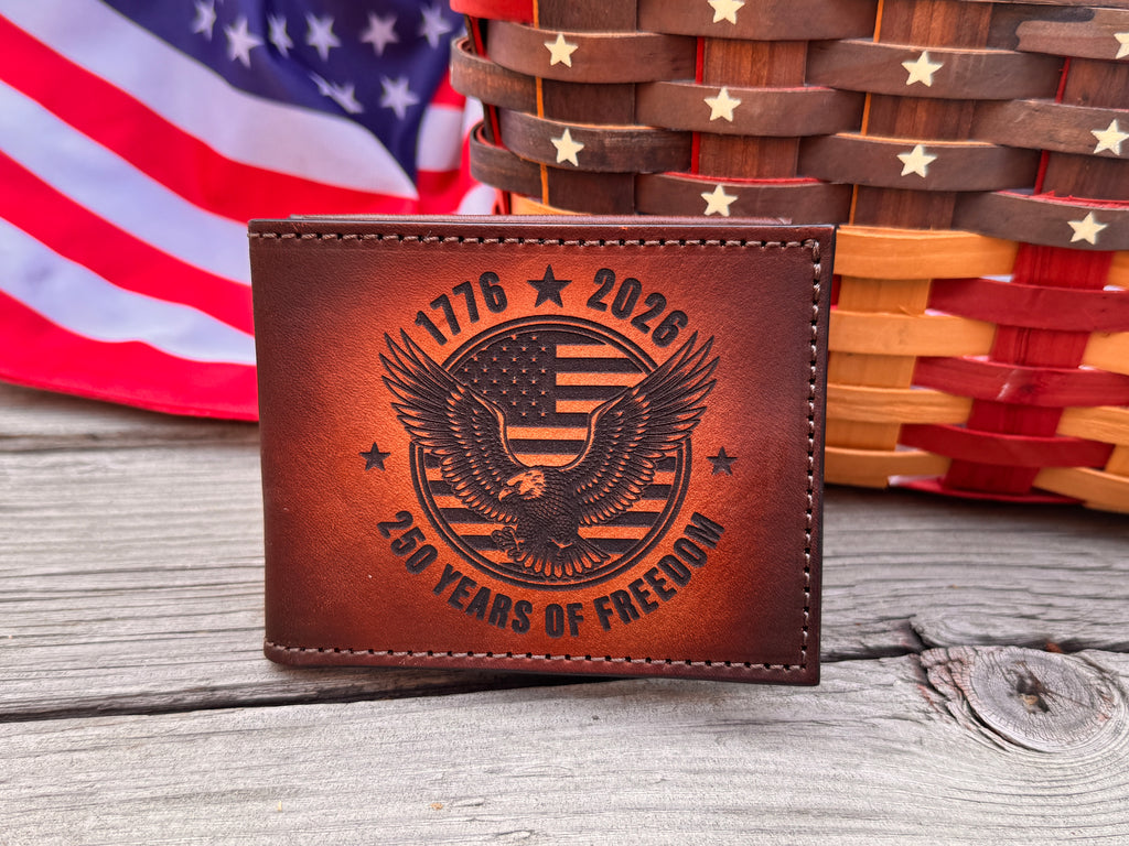 America 250 Laser Engraved Leather Bifold Wallet – 1776-2026 “250 Years of Freedom” Patriotic Eagle Design | Handmade Custom