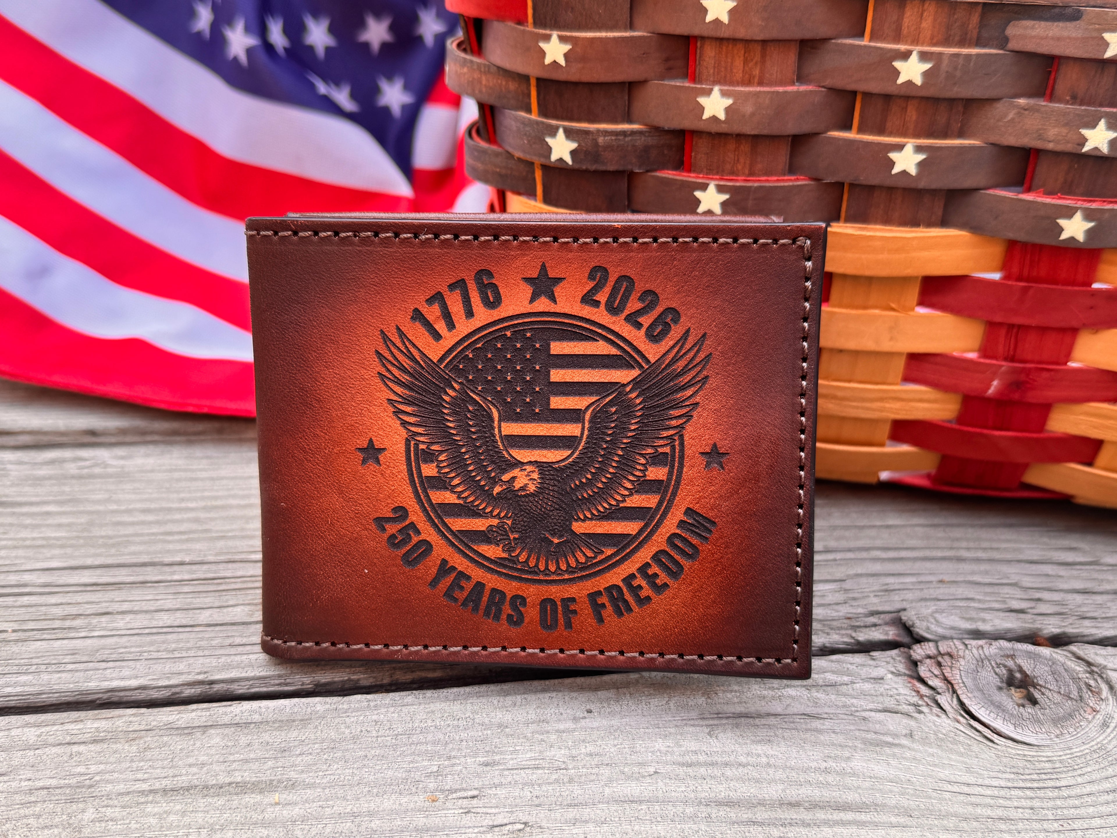 America 250 Laser Engraved Leather Bifold Wallet – 1776-2026 “250 Years of Freedom” Patriotic Eagle Design | Handmade Custom