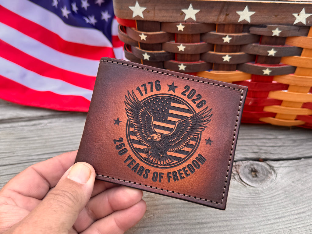 America 250 Laser Engraved Leather Bifold Wallet – 1776-2026 “250 Years of Freedom” Patriotic Eagle Design | Handmade Custom