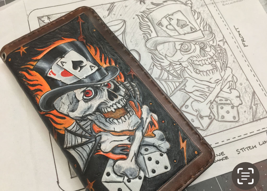 Lucky 7 Gambler Wallet - Tattoo Style Hand Tooled Biker Long Wallet - Handmade in the USA