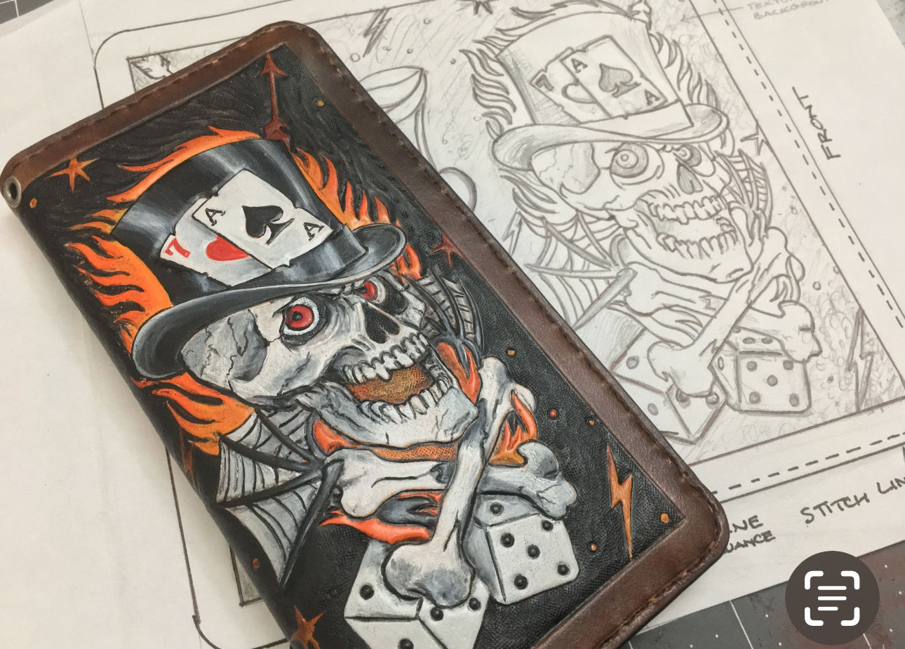 Lucky 7 Gambler Wallet - Tattoo Style Hand Tooled Biker Long Wallet - Handmade in the USA