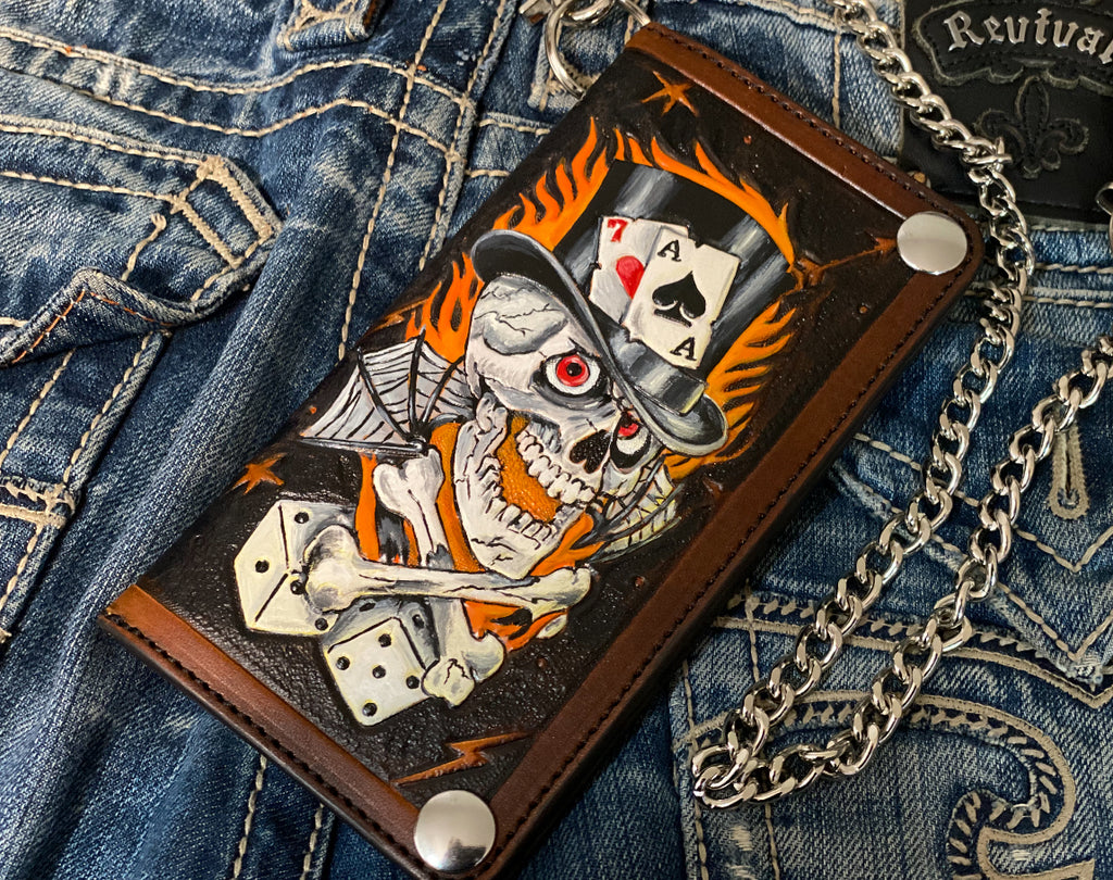 Lucky 7 Gambler Wallet - Tattoo Style Hand Tooled Biker Long Wallet - Handmade in the USA