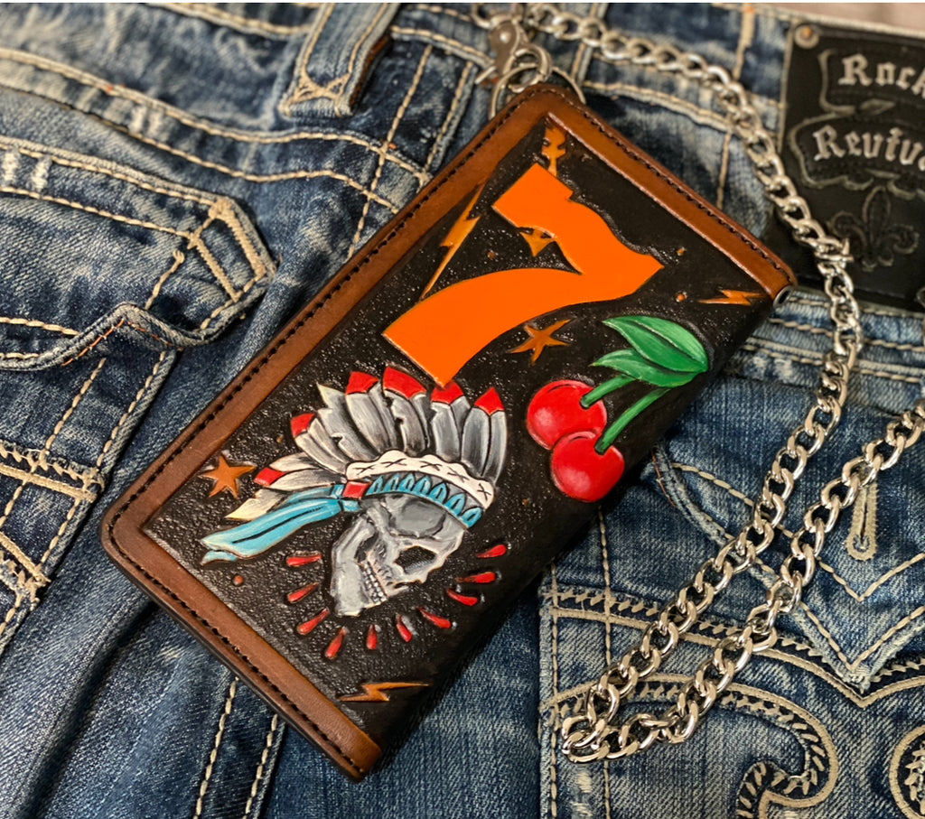 Lucky 7 Gambler Wallet - Tattoo Style Hand Tooled Biker Long Wallet - Handmade in the USA