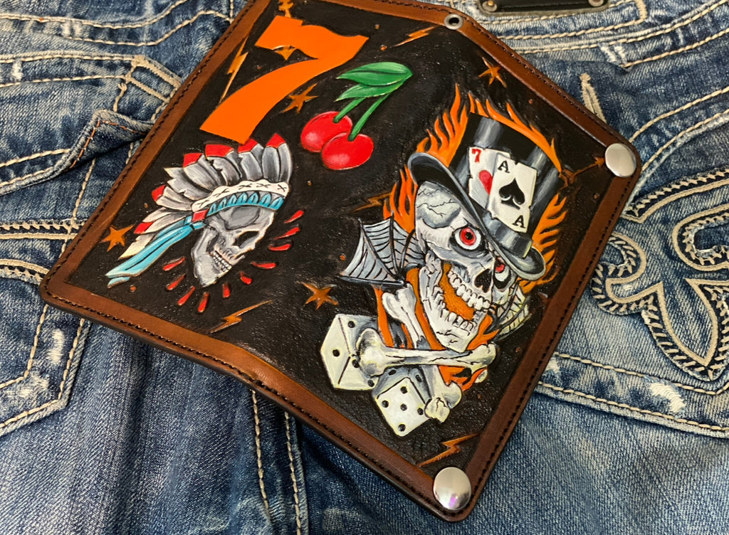 Lucky 7 Gambler Wallet - Tattoo Style Hand Tooled Biker Long Wallet - Handmade in the USA