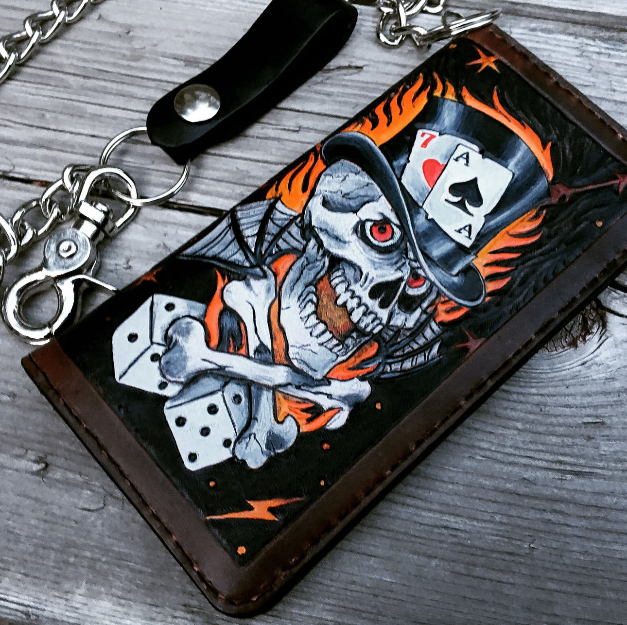 Lucky 7 Gambler Wallet - Tattoo Style Hand Tooled Biker Long Wallet - Handmade in the USA