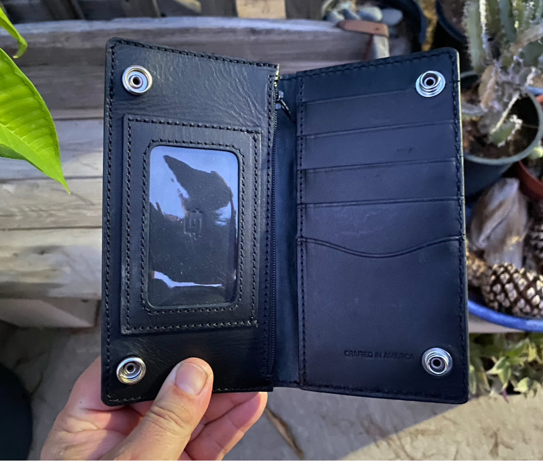 Lucky 7 Gambler Wallet - Tattoo Style Hand Tooled Biker Long Wallet - Handmade in the USA